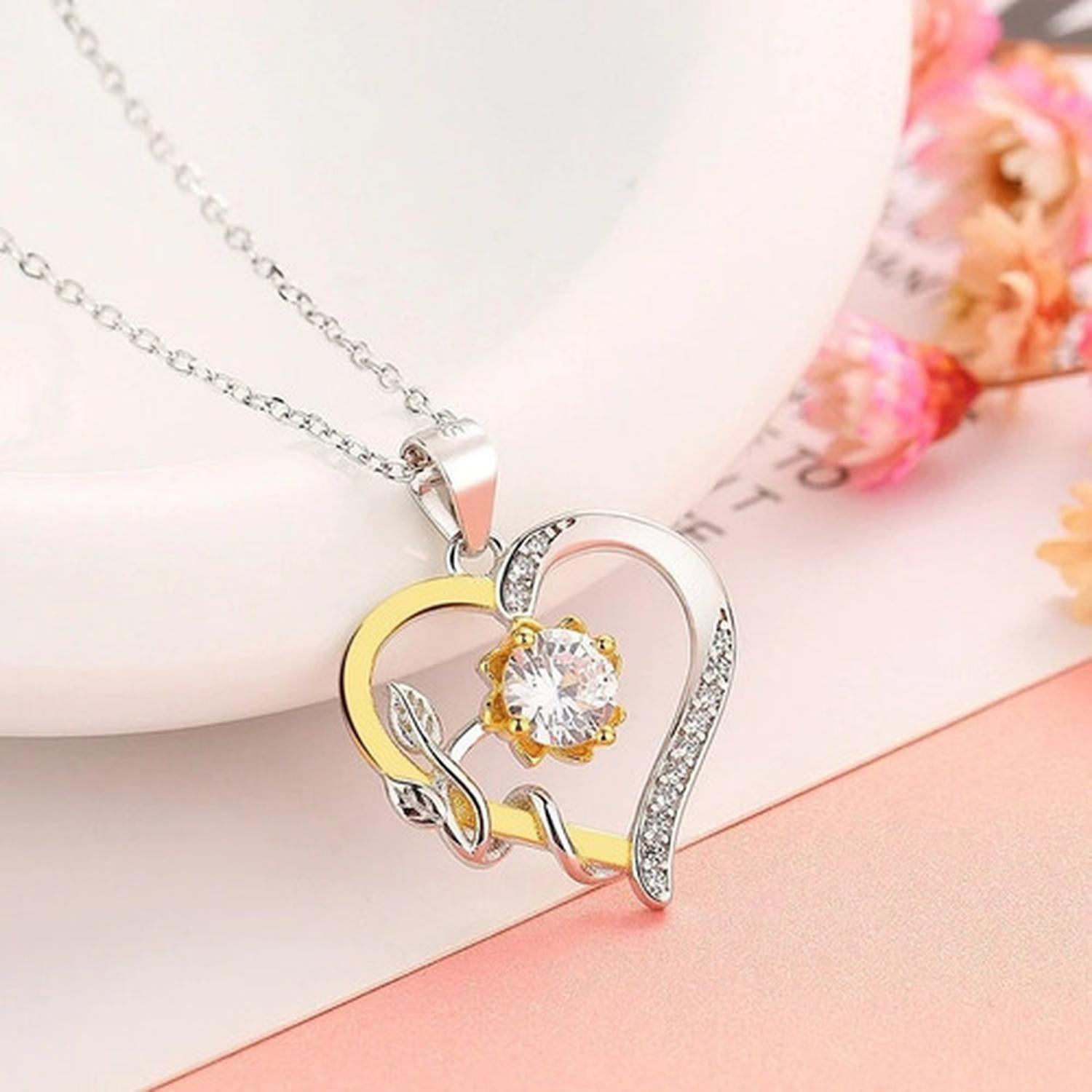 Collar Plata Fina 925 Corazon Girasol Moissanita Baño Oro-5