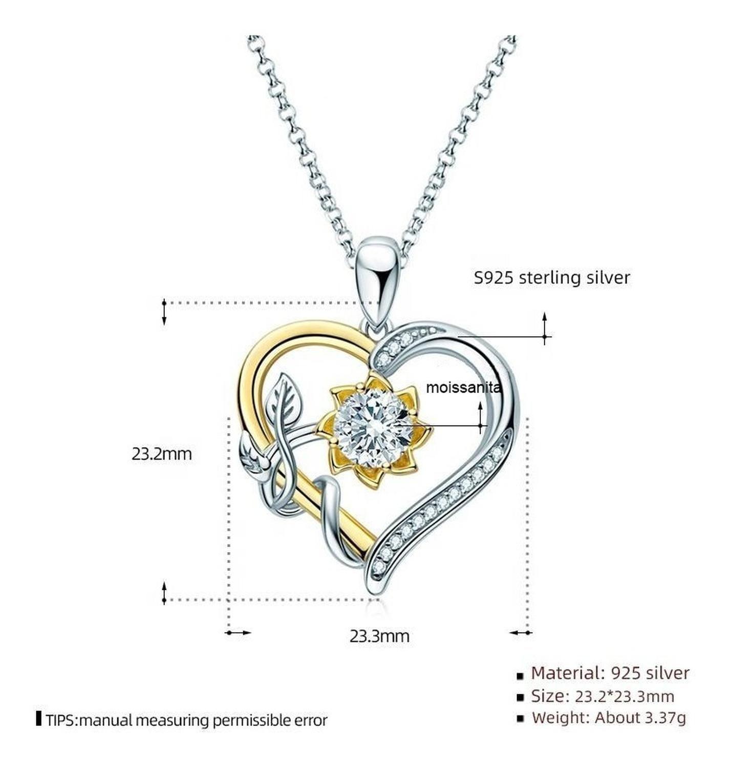 Collar Plata Fina 925 Corazon Girasol Moissanita Baño Oro-7