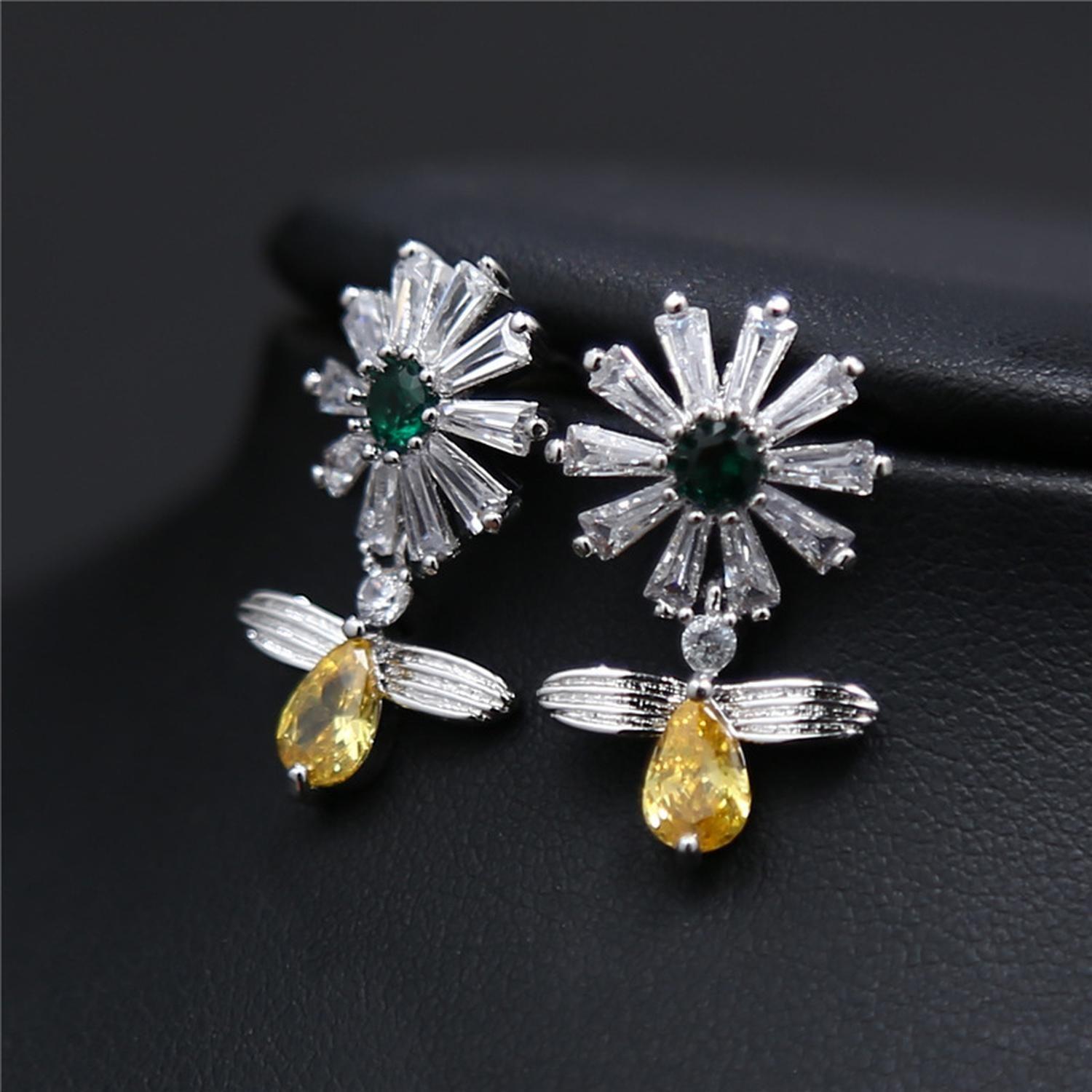 Aros Plata 925 Flores Girasol y Abeja Circonios Brillantes-4