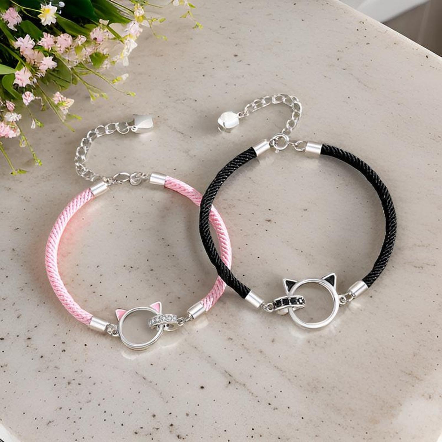 Pulseras Plata 925 Doble Anillo Gatos Parejas Zirconia-5