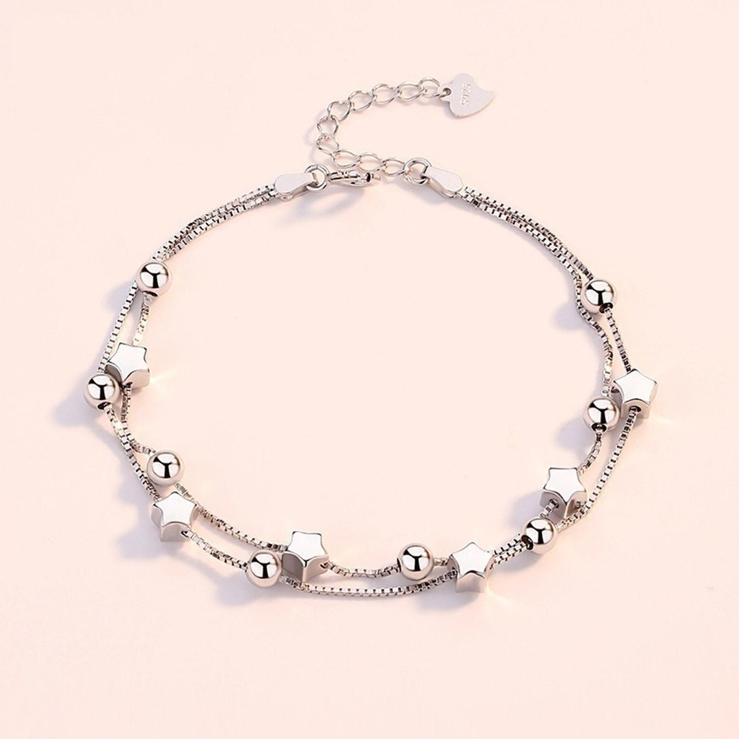 Pulsera Plata Fina 925 Elegante Cuentas De Estrellas Regalo-2
