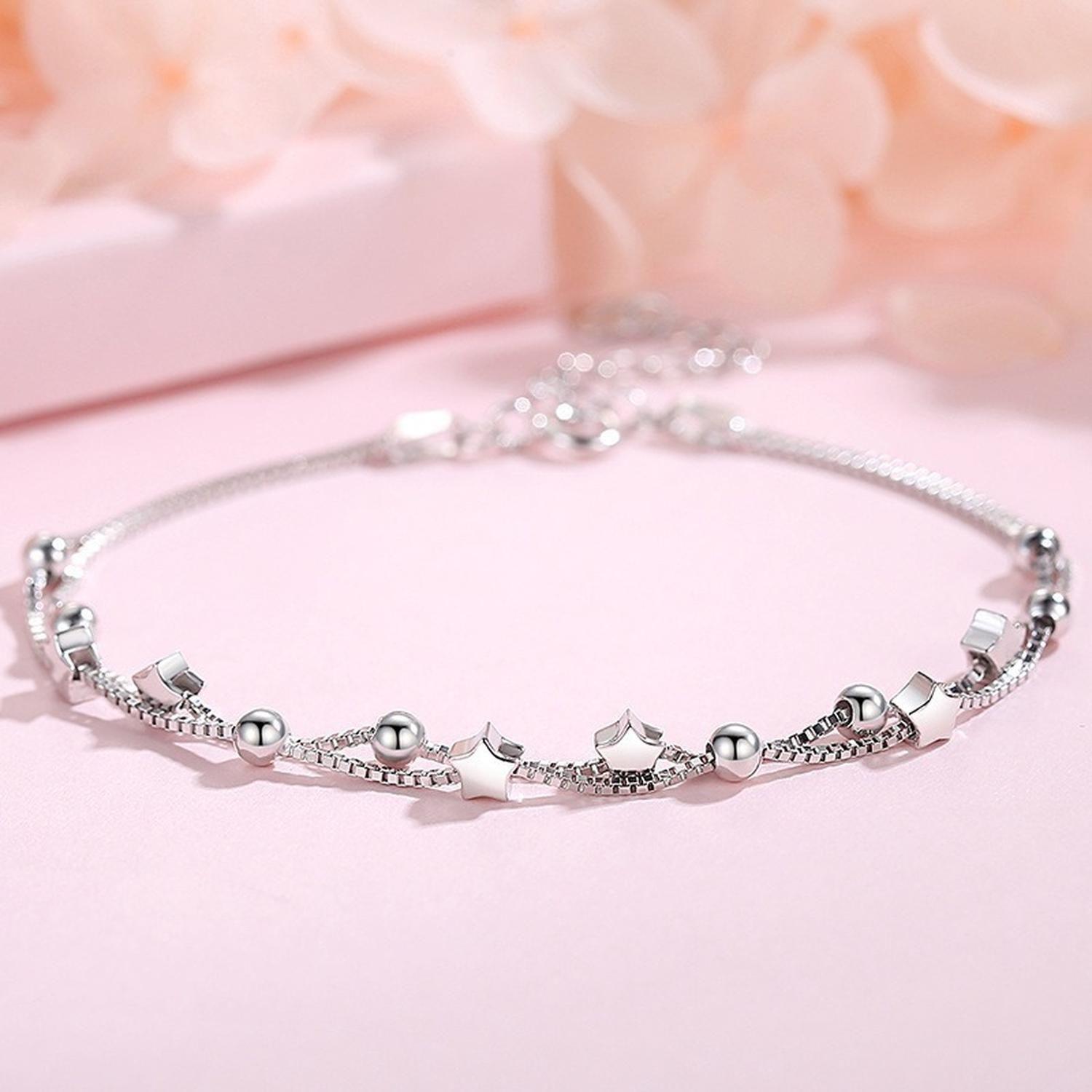 Pulsera Plata Fina 925 Elegante Cuentas De Estrellas Regalo-3