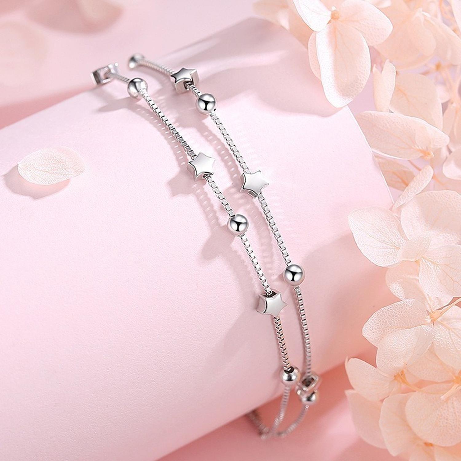 Pulsera Plata Fina 925 Elegante Cuentas De Estrellas Regalo-4