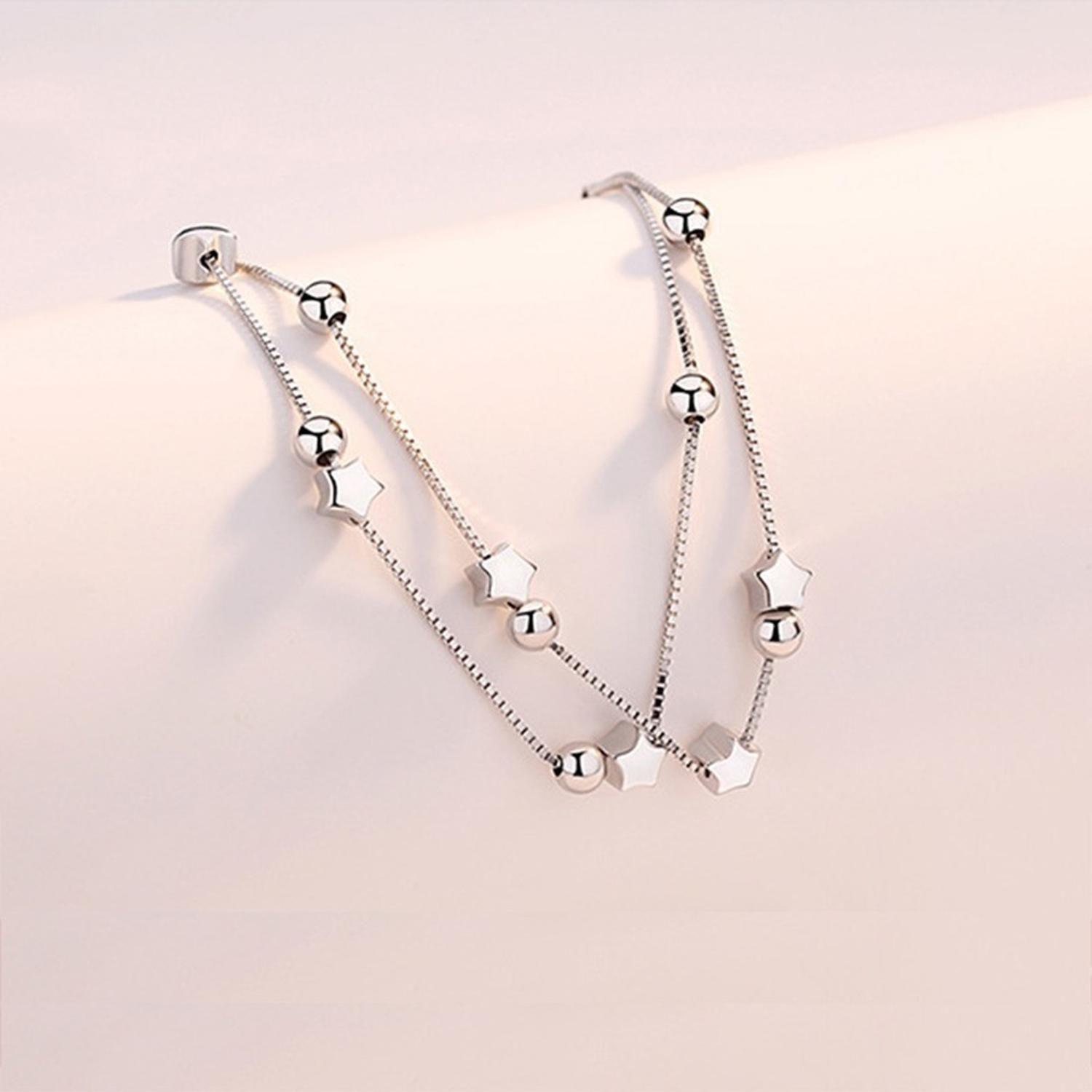 Pulsera Plata Fina 925 Elegante Cuentas De Estrellas Regalo-5