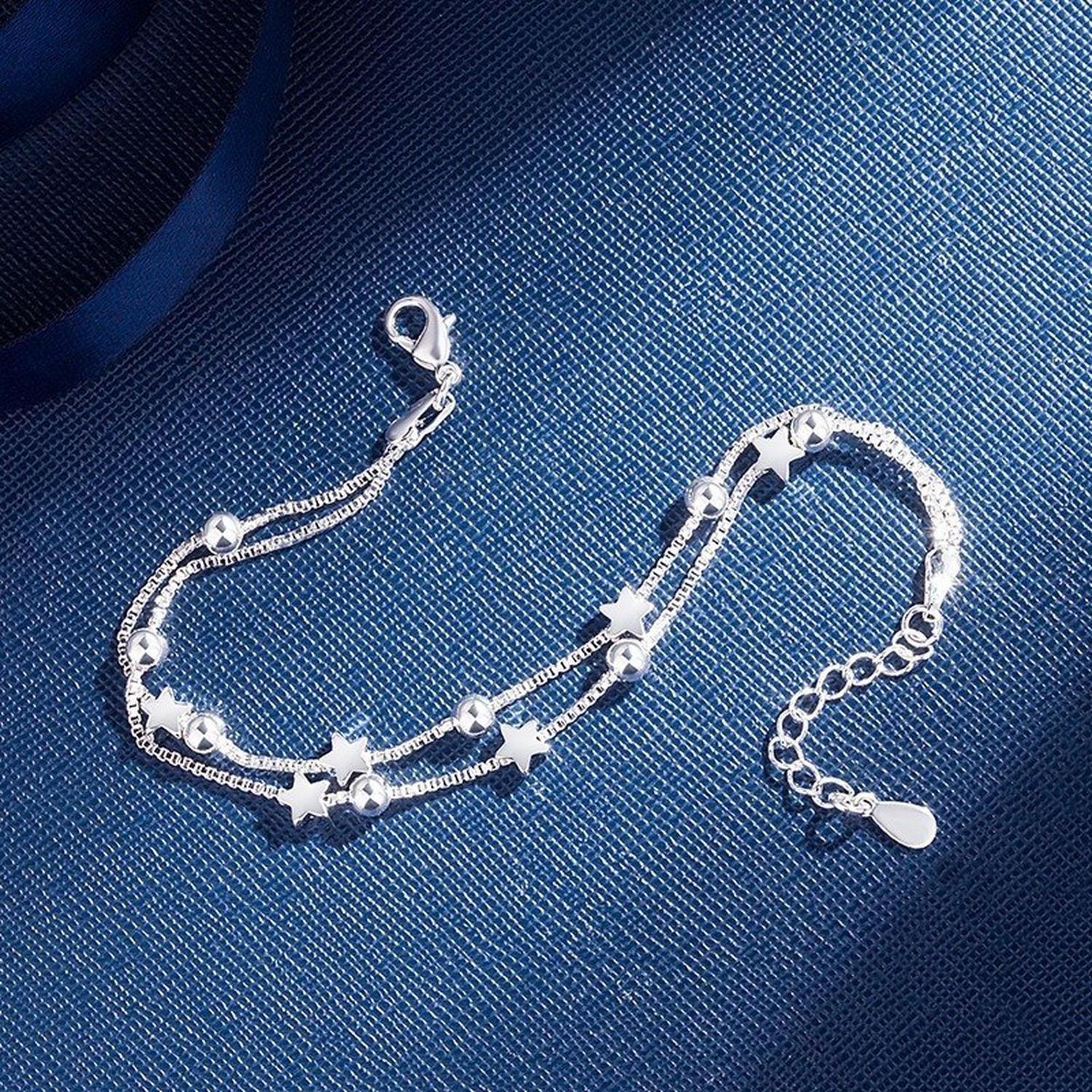 Pulsera Plata Fina 925 Elegante Cuentas De Estrellas Regalo-7