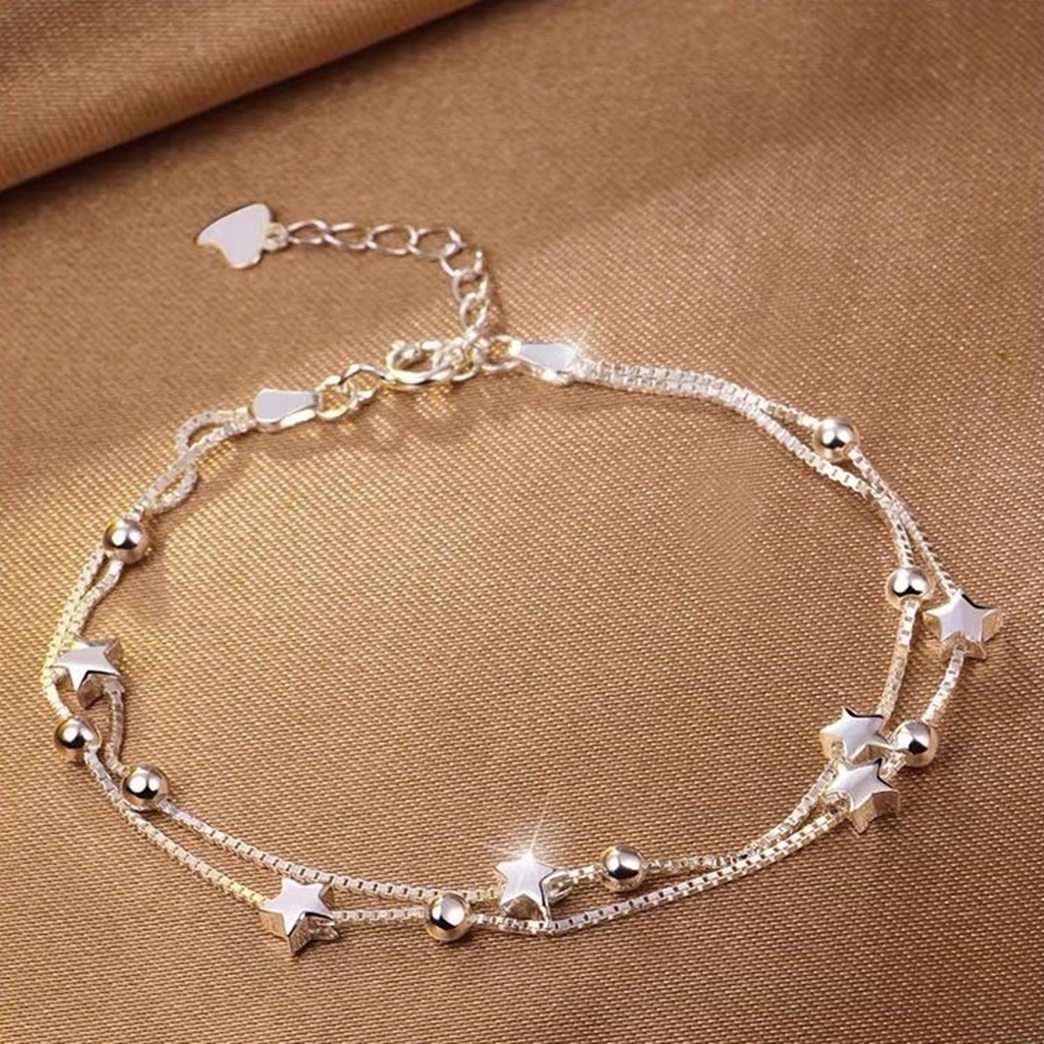 Pulsera Plata Fina 925 Elegante Cuentas De Estrellas Regalo-8