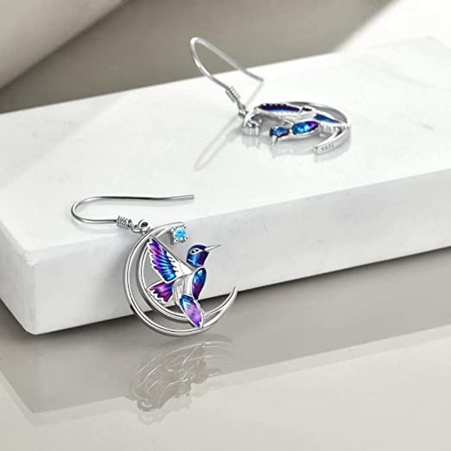 Aros Plata Fina 925 Colibri Luna Circon Regalo Mujer Joyas-4