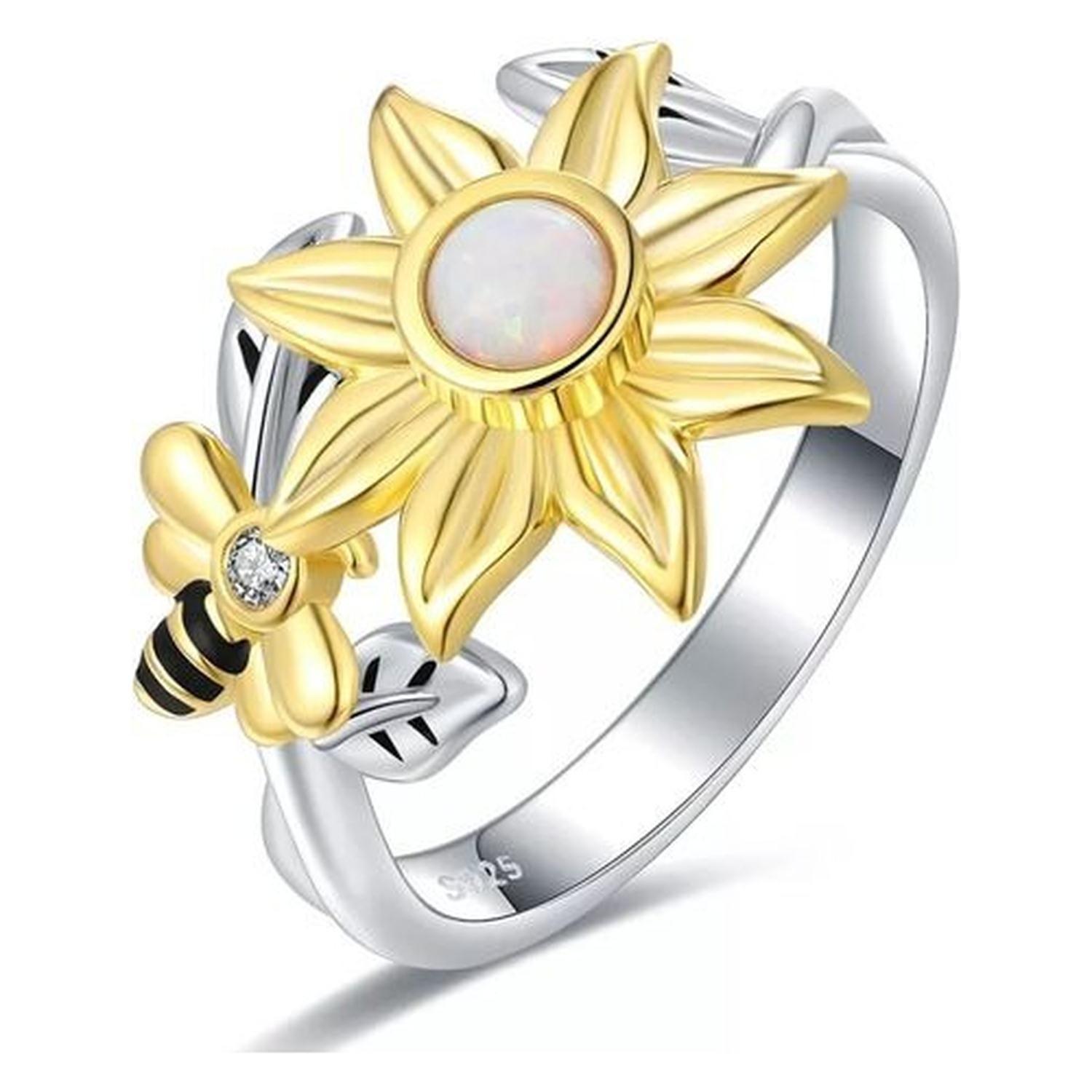 Anillo Plata 925 Girasol Baño Oro 18 K Opalo Abeja-0