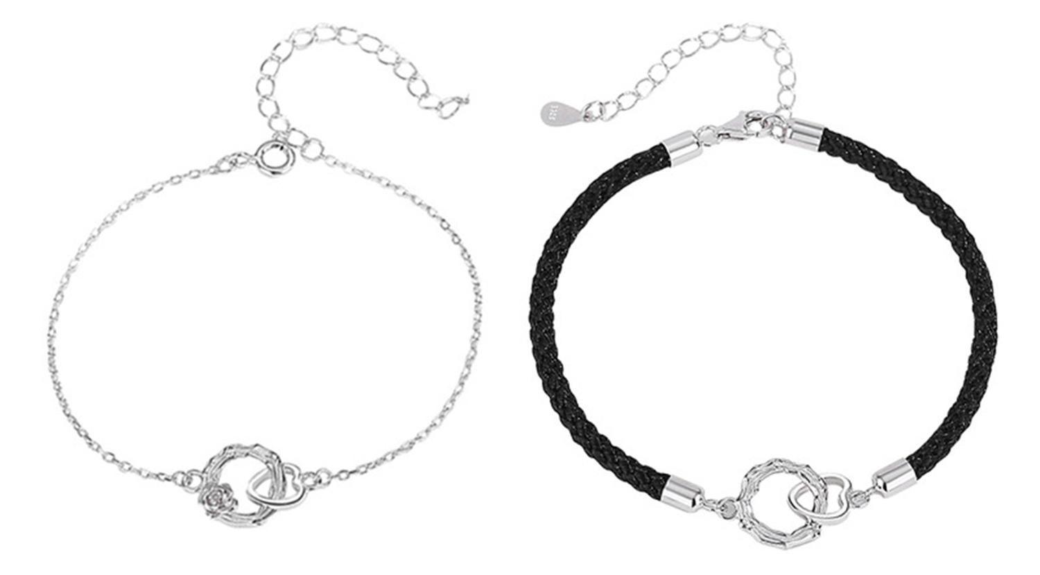 Pulseras Parejas Plata 925 Doble Anillo Corazon Rosa Espinas-0