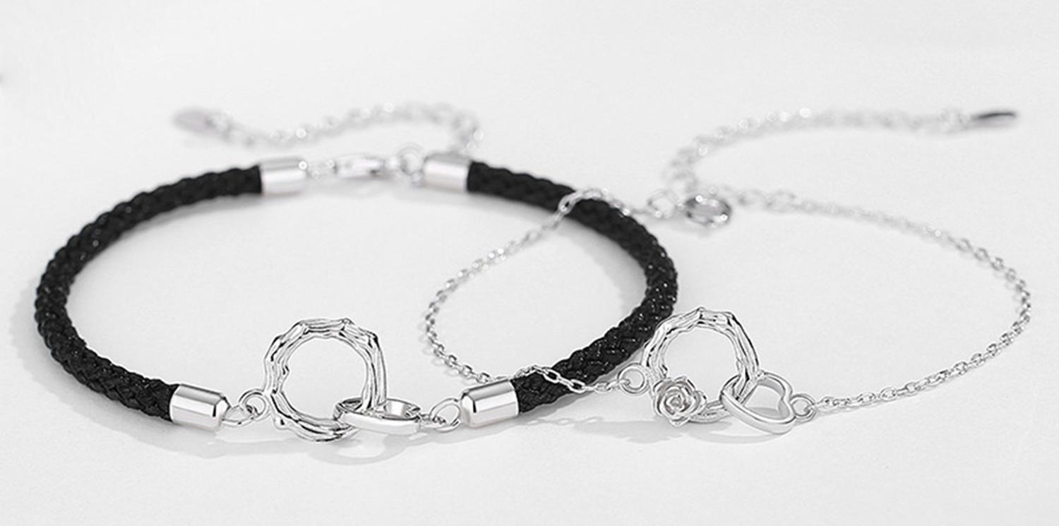 Pulseras Parejas Plata 925 Doble Anillo Corazon Rosa Espinas-3