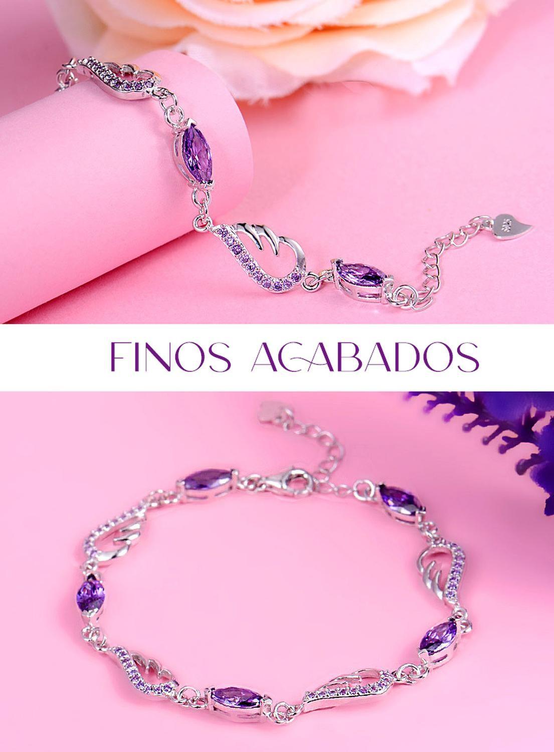 Pulsera Plata 925 Dije Alas de Angel Piedra Amatista Joyas-3