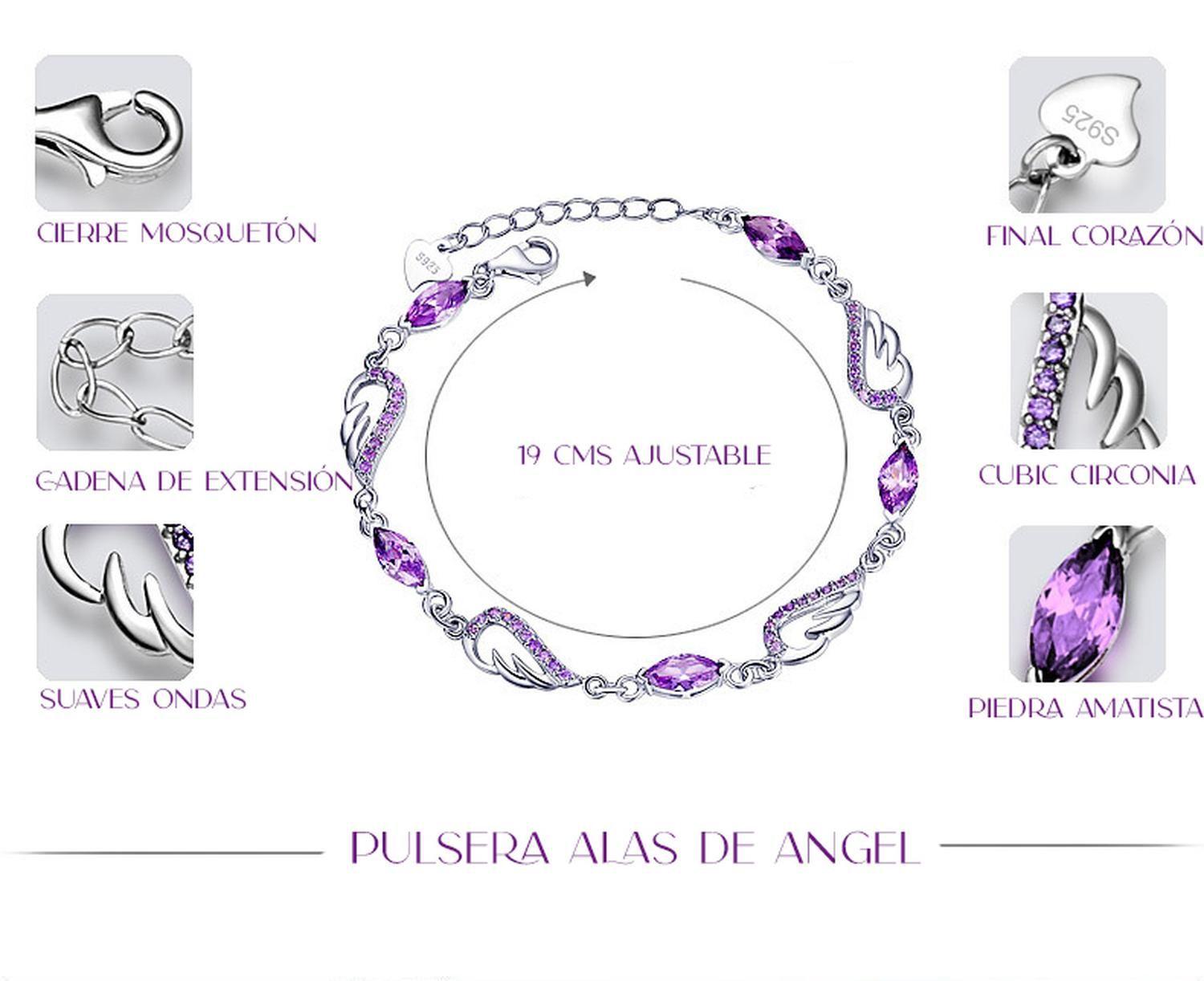 Pulsera Plata 925 Dije Alas de Angel Piedra Amatista Joyas-5