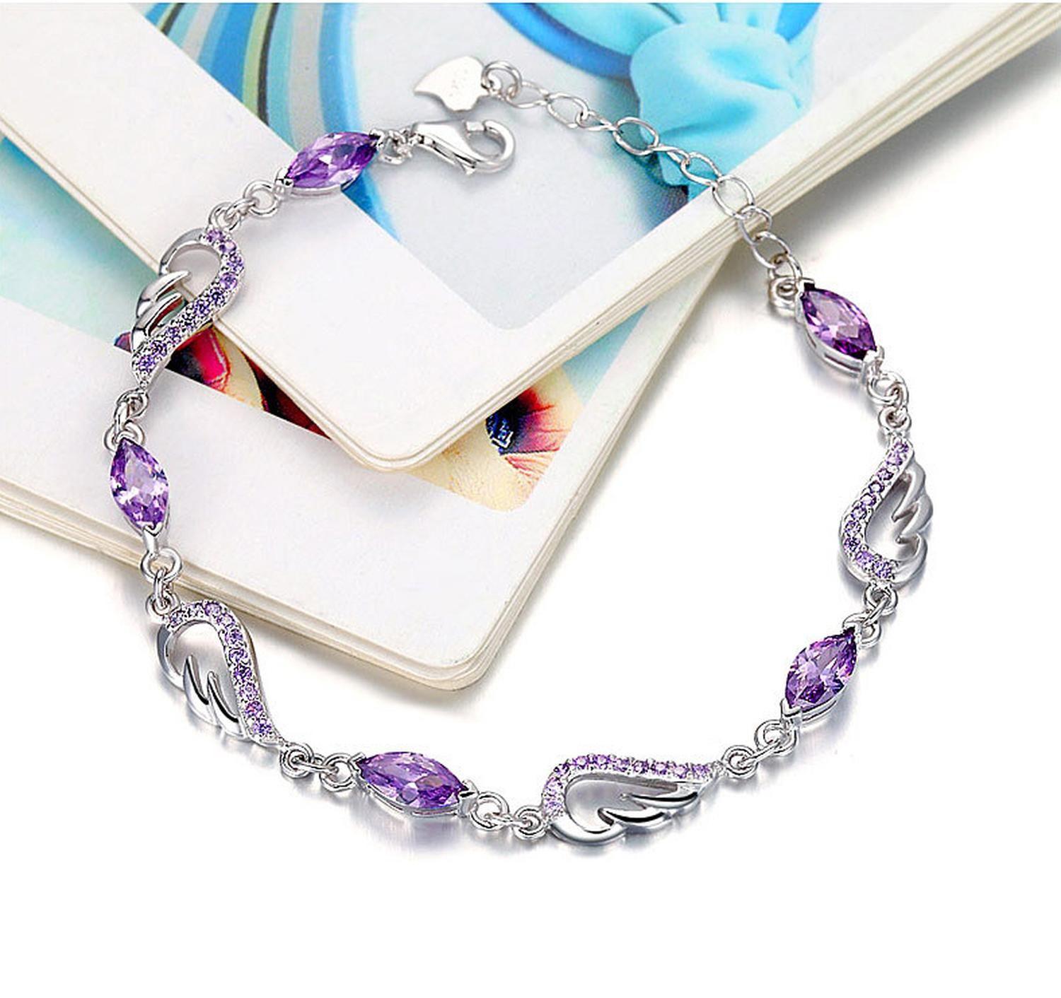 Pulsera Plata 925 Dije Alas de Angel Piedra Amatista Joyas-6