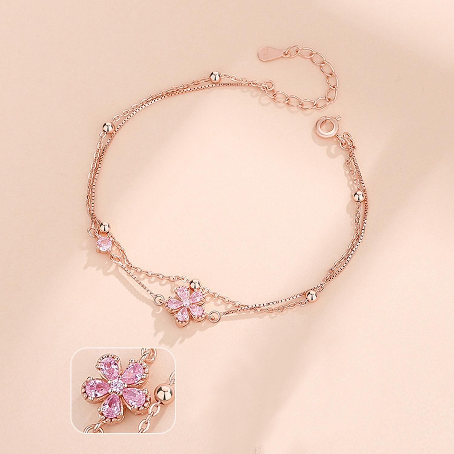 Pulsera Plata 925 Multicapa Flores de Durazno Circonios Rosa-1