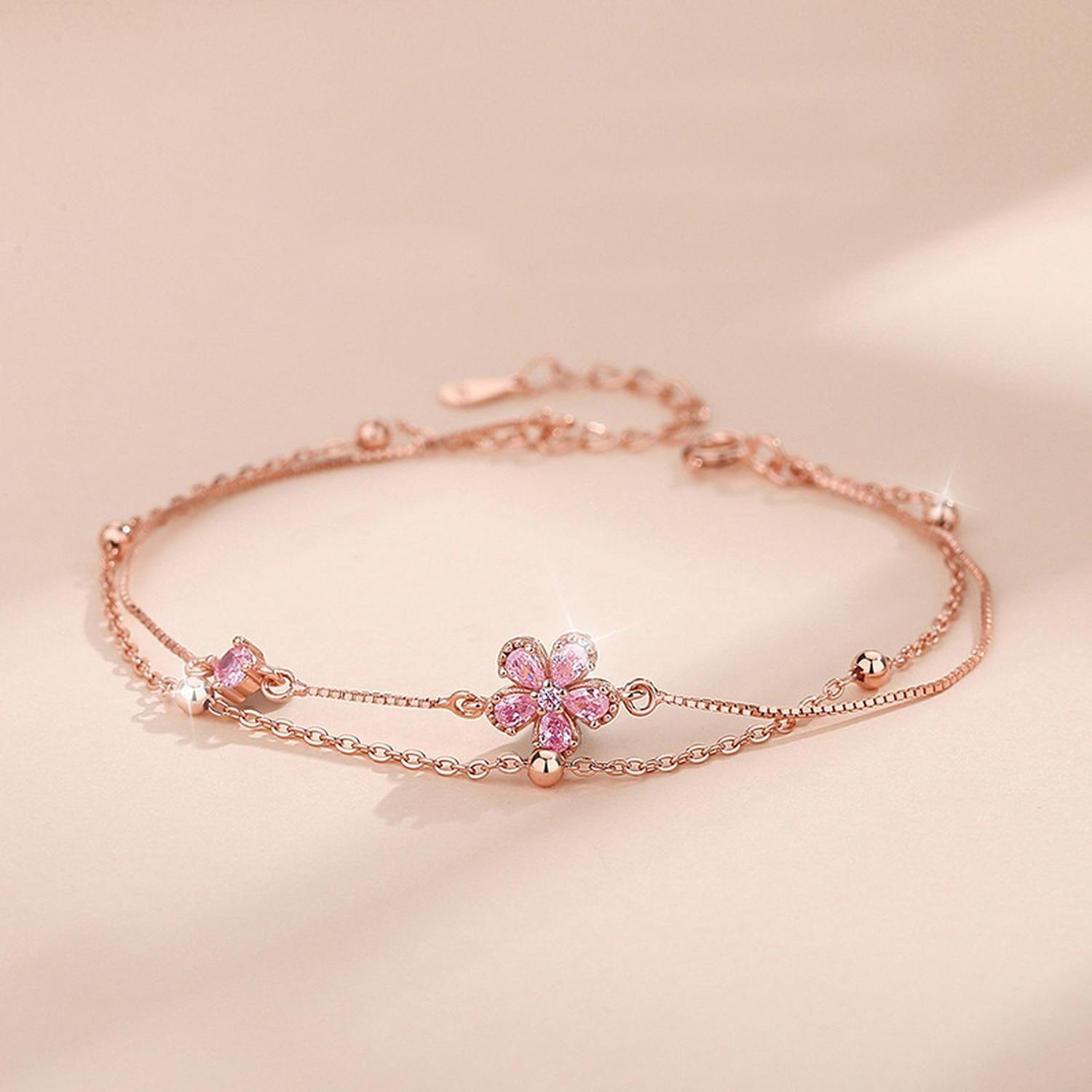 Pulsera Plata 925 Multicapa Flores de Durazno Circonios Rosa-2