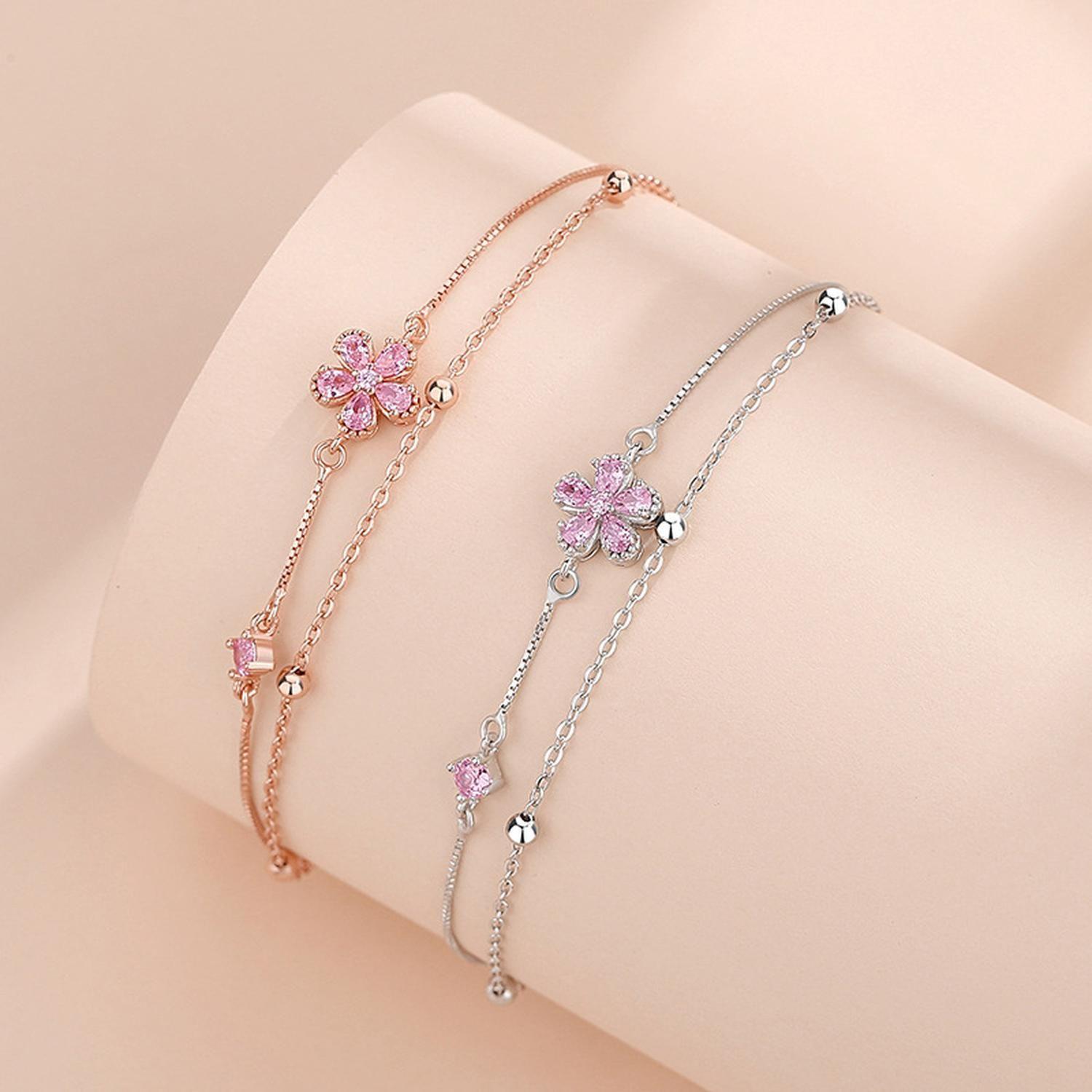 Pulsera Plata 925 Multicapa Flores de Durazno Circonios Rosa-3