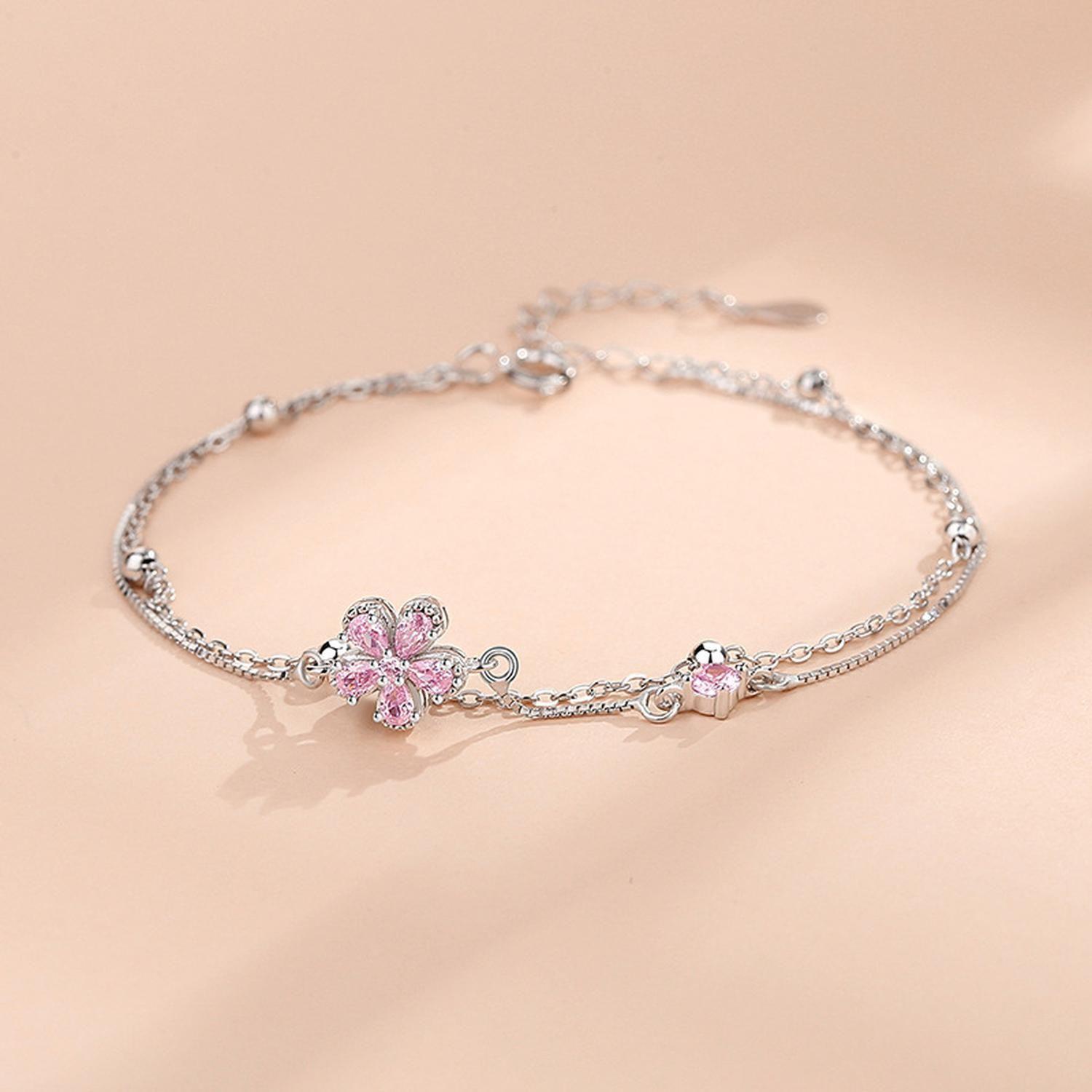 Pulsera Plata 925 Multicapa Flores de Durazno Circonios Rosa-0