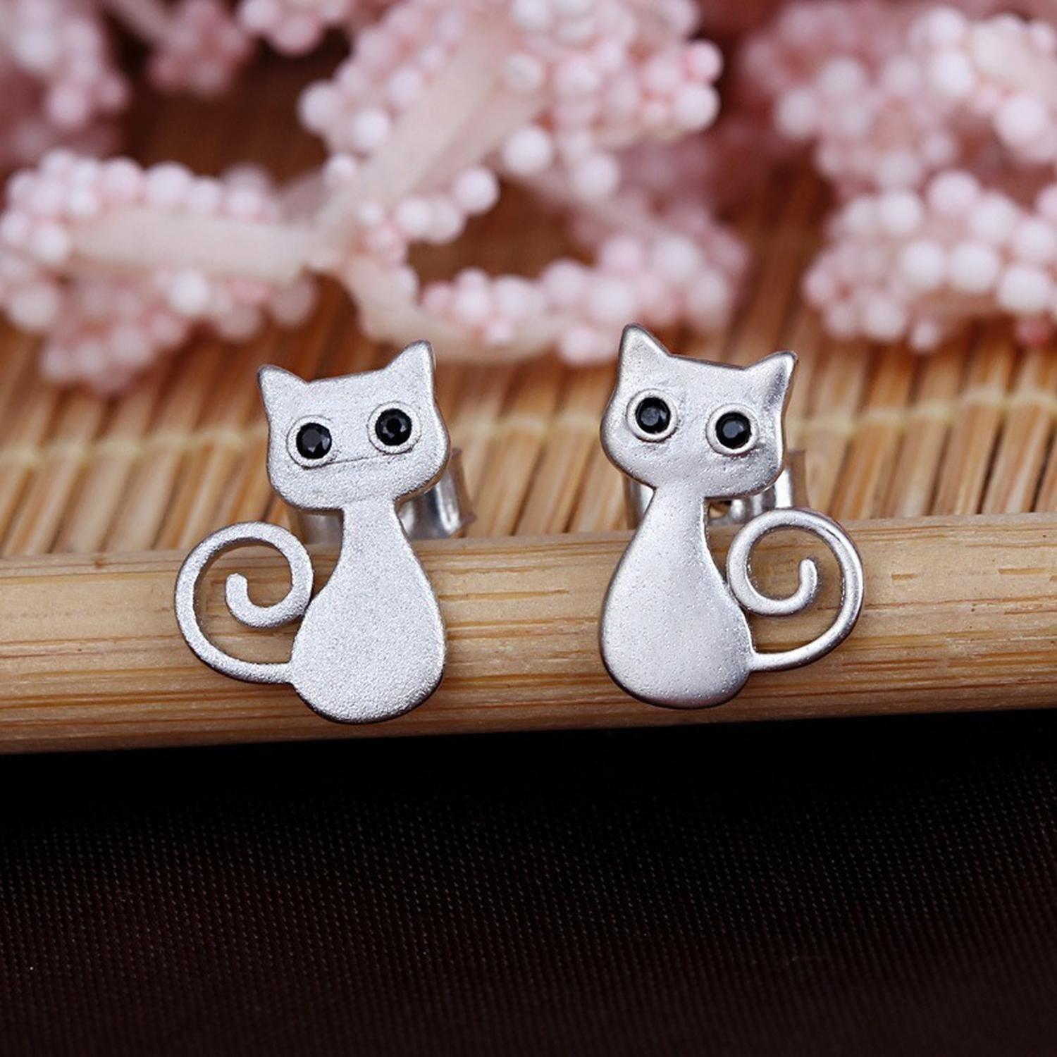 Pendientes Aritos Aros Plata 925 Gatito Sentado Antialergico-2