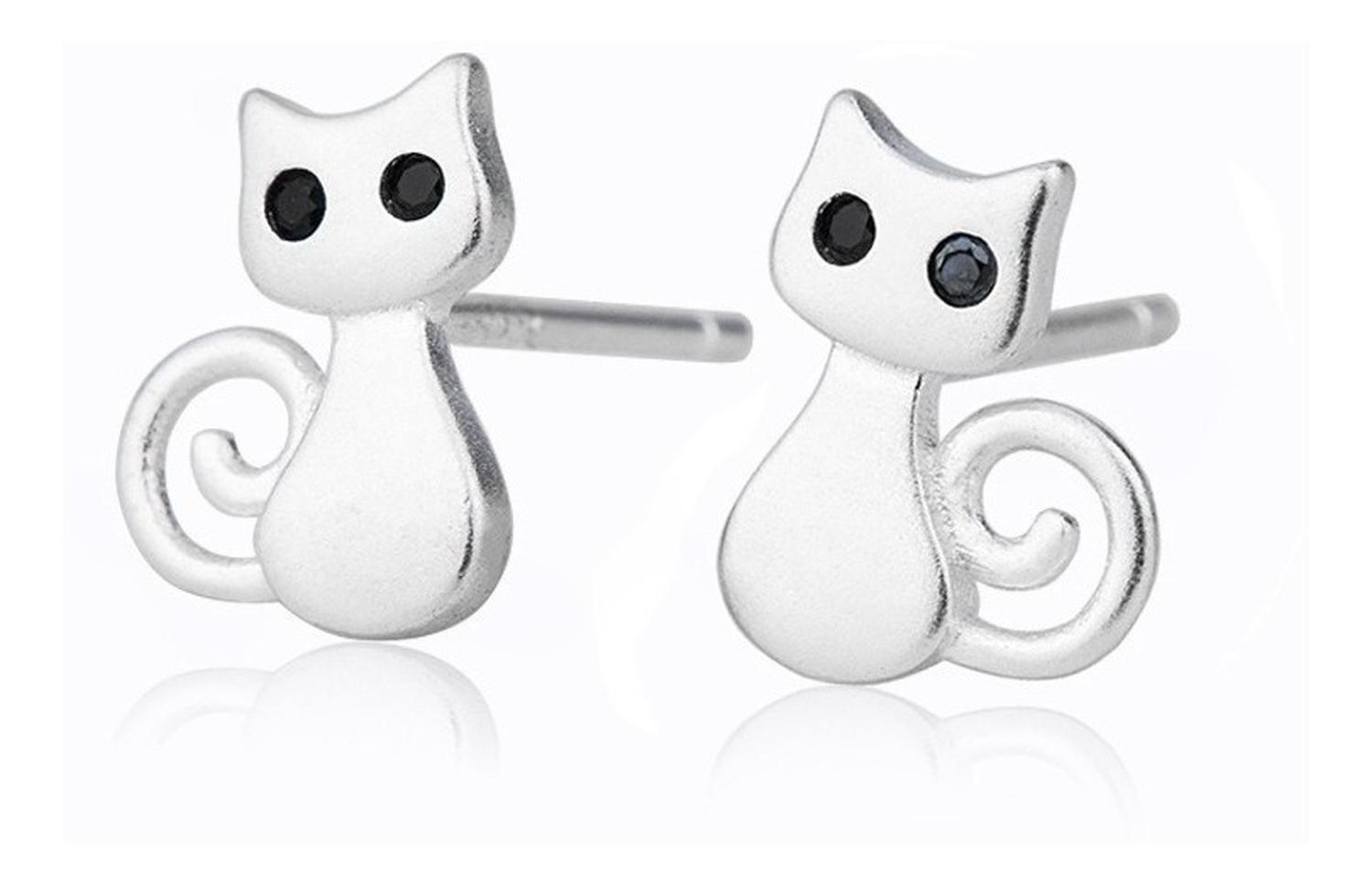 Pendientes Aritos Aros Plata 925 Gatito Sentado Antialergico-5