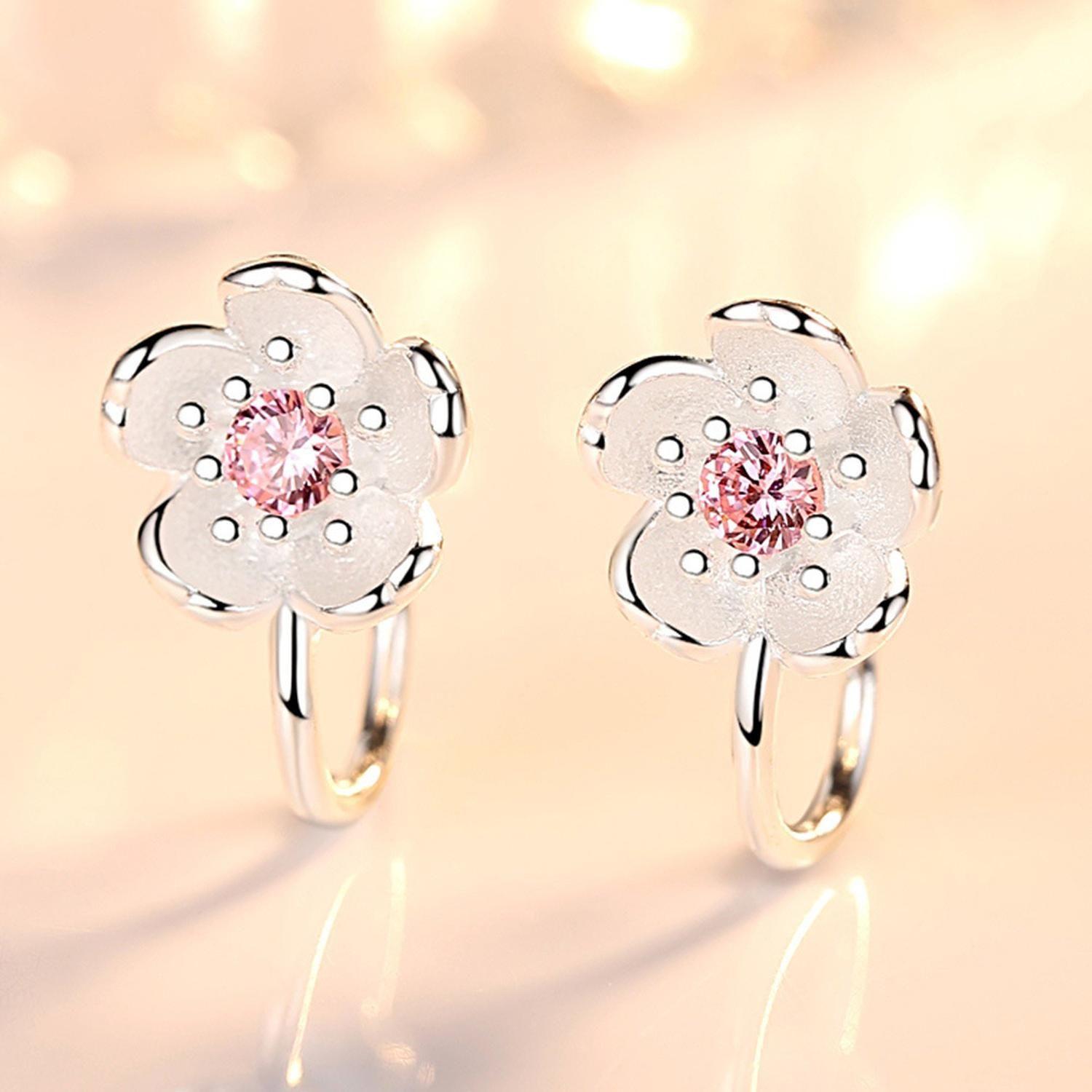 Lindos Aros Plata 925 Clip Flores Cerezo Rosa Purpura Joyas-2