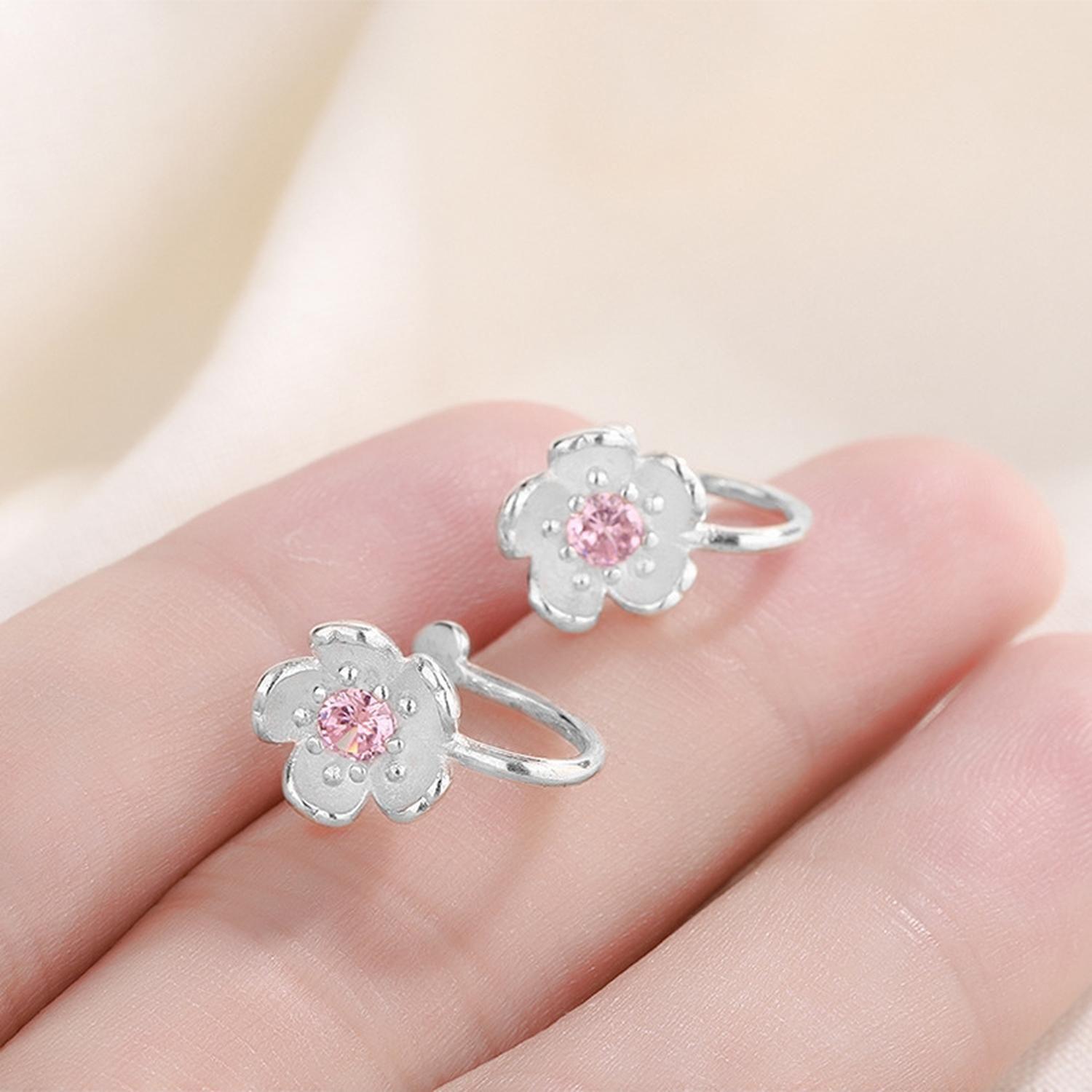 Lindos Aros Plata 925 Clip Flores Cerezo Rosa Purpura Joyas-3