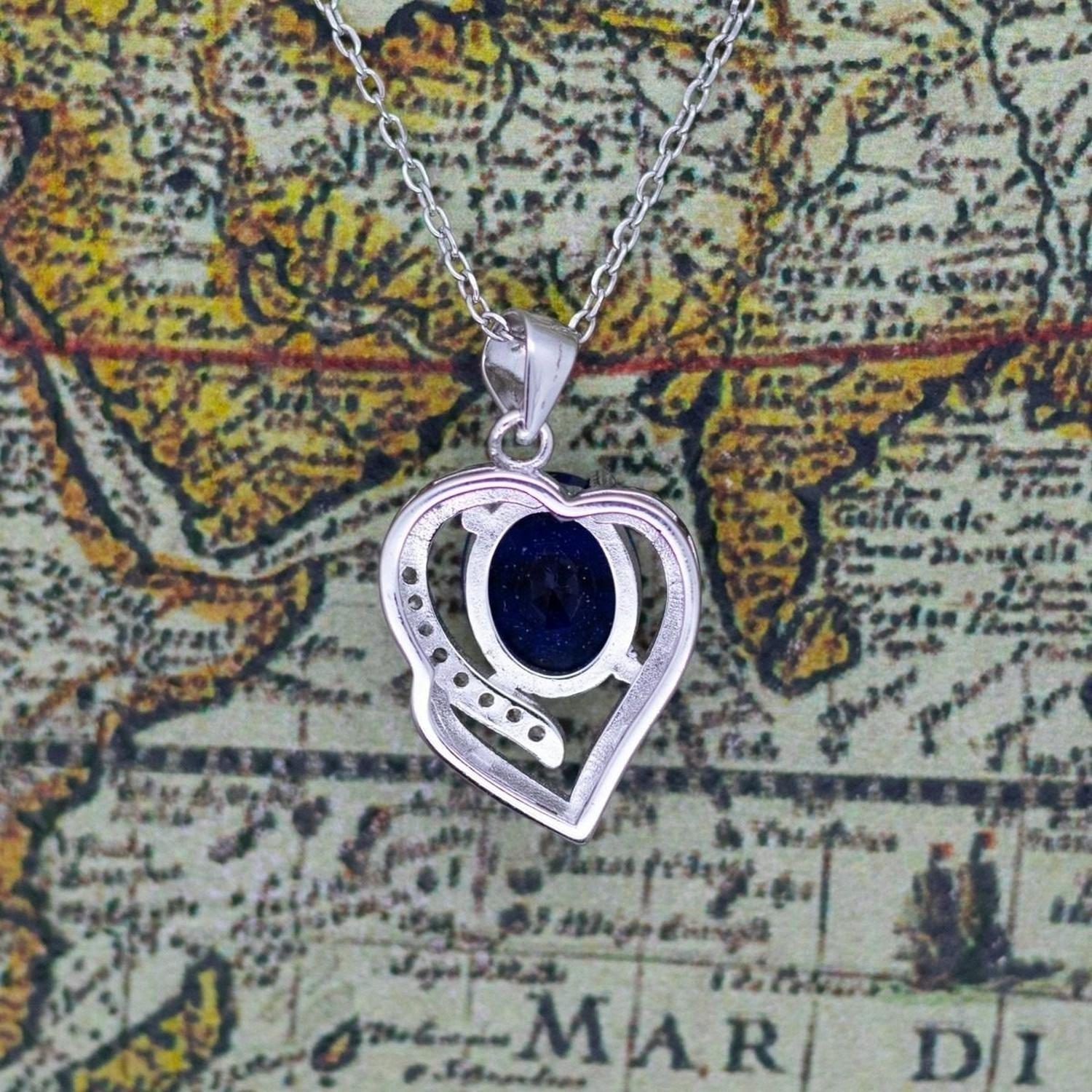 Collar Plata Fina 925 Colgante Corazón Circon Azul Oceano-2