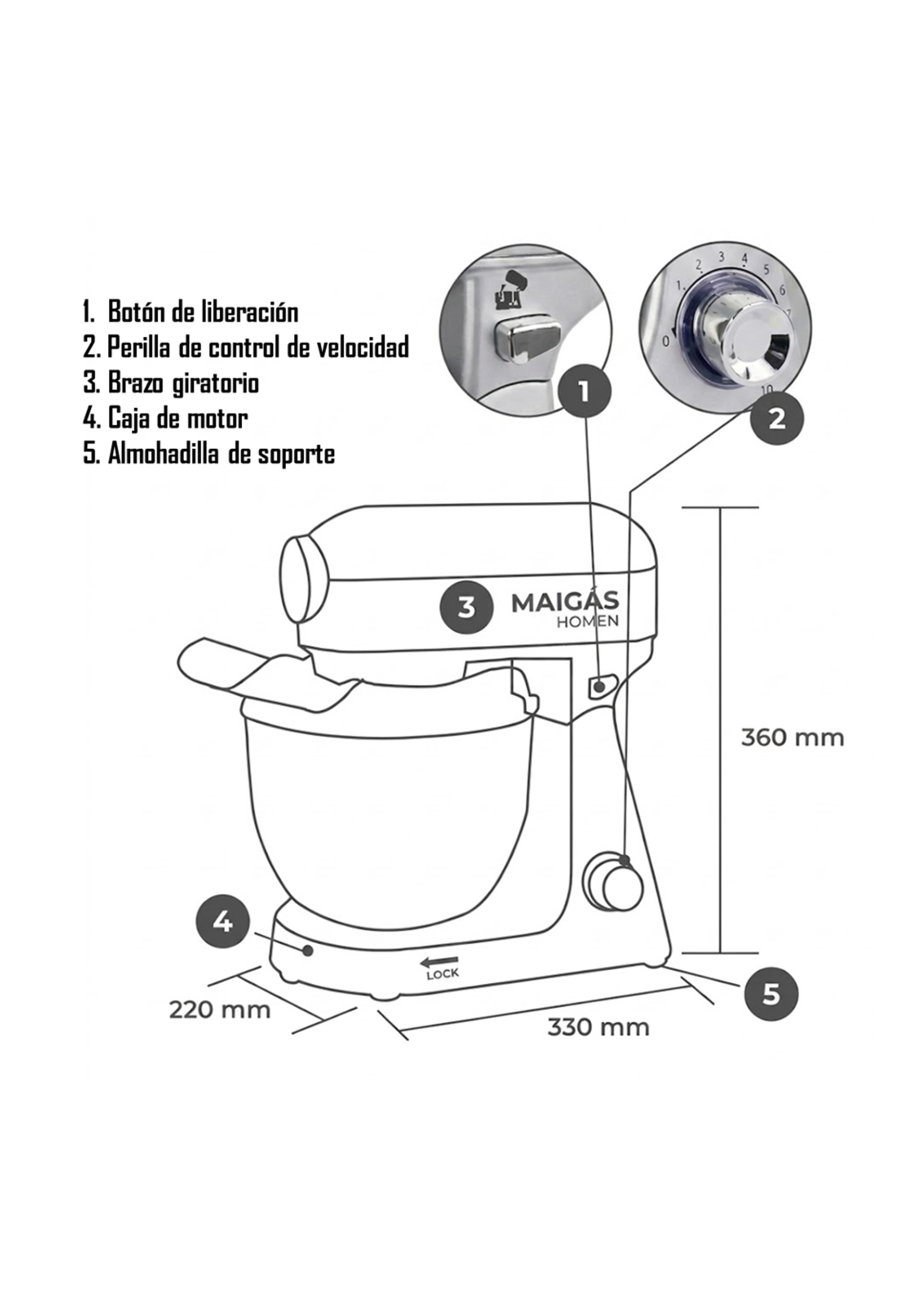 Batidora Pastelera 5 Lts Maigas Molino De Carne 2 En 1 Gris-5