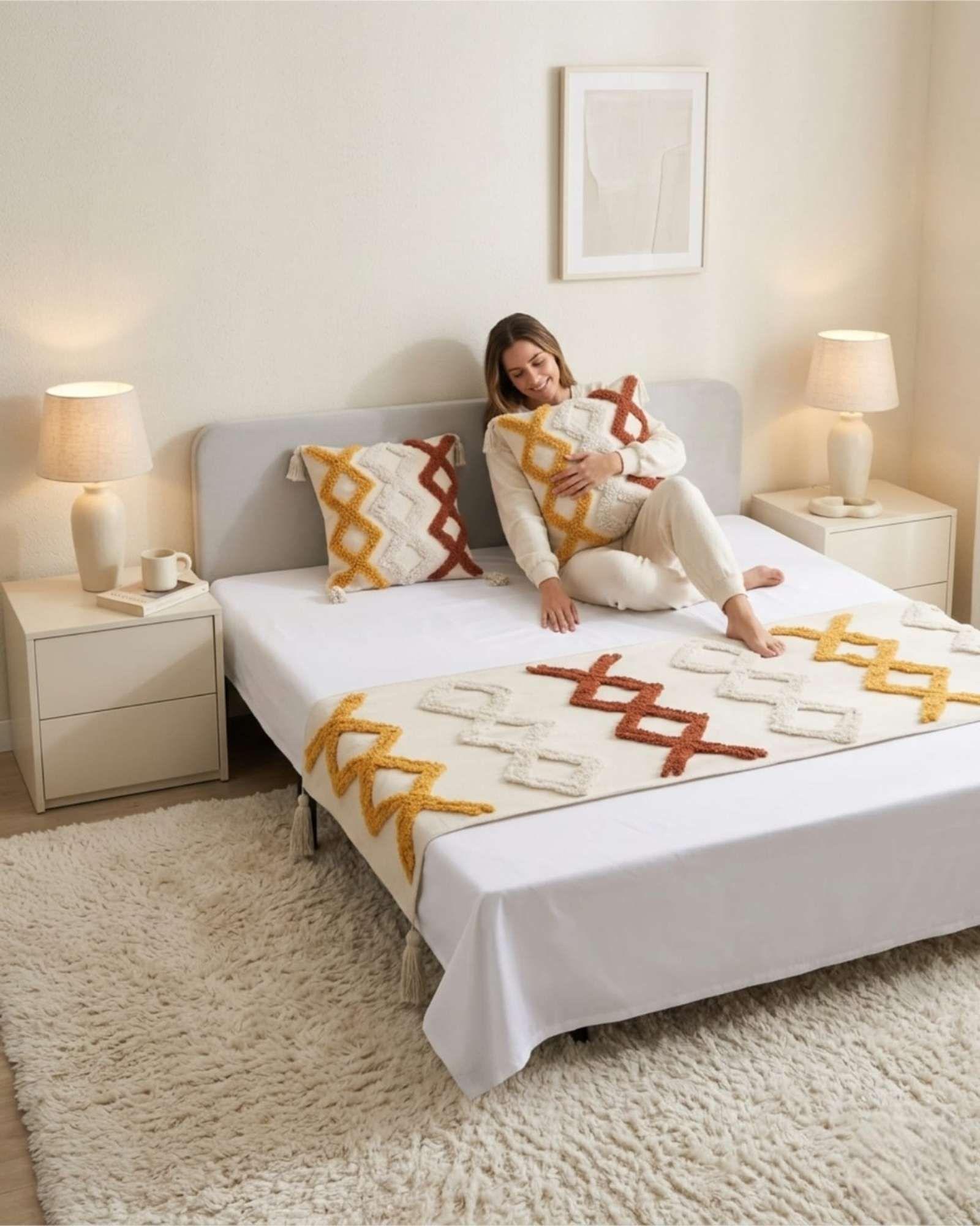Piecera De Cama Boho Con Dos Fundas Cojin Bordado PF7-1