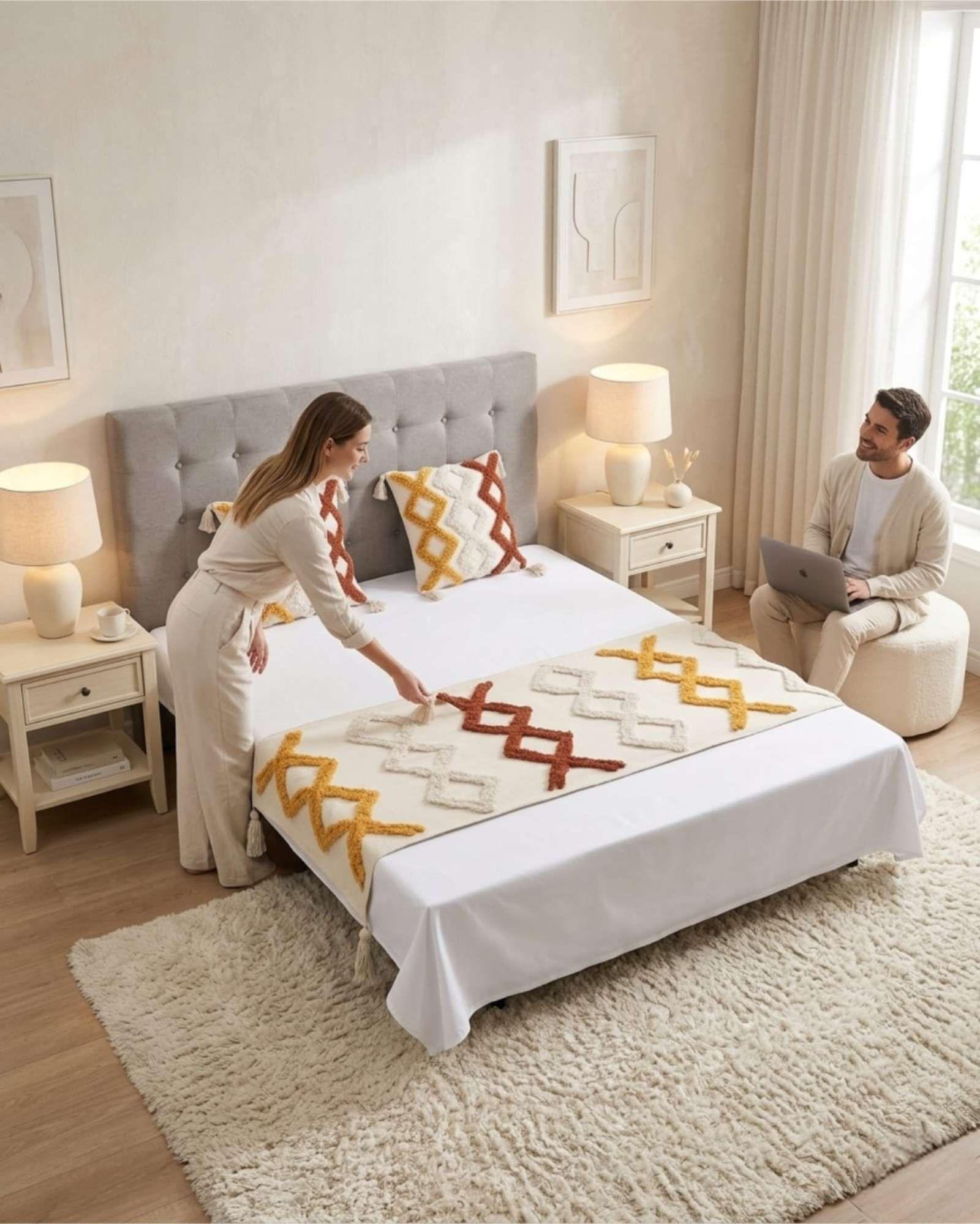 Piecera De Cama Boho Con Dos Fundas Cojin Bordado PF7-4