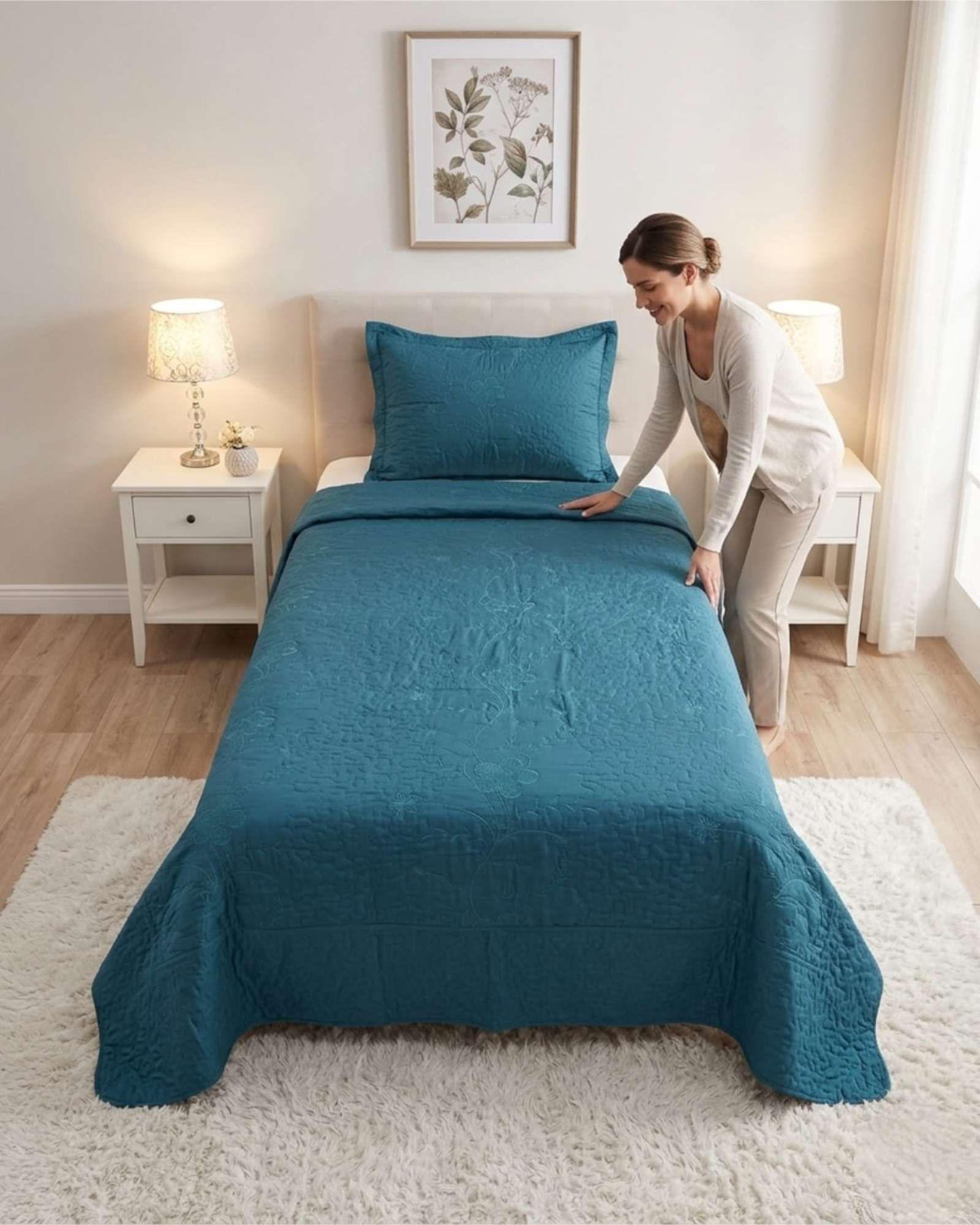 Cubrecama Quilt Verano Plaza y Media Bordado Floral Set Colcha Delgado a6-4