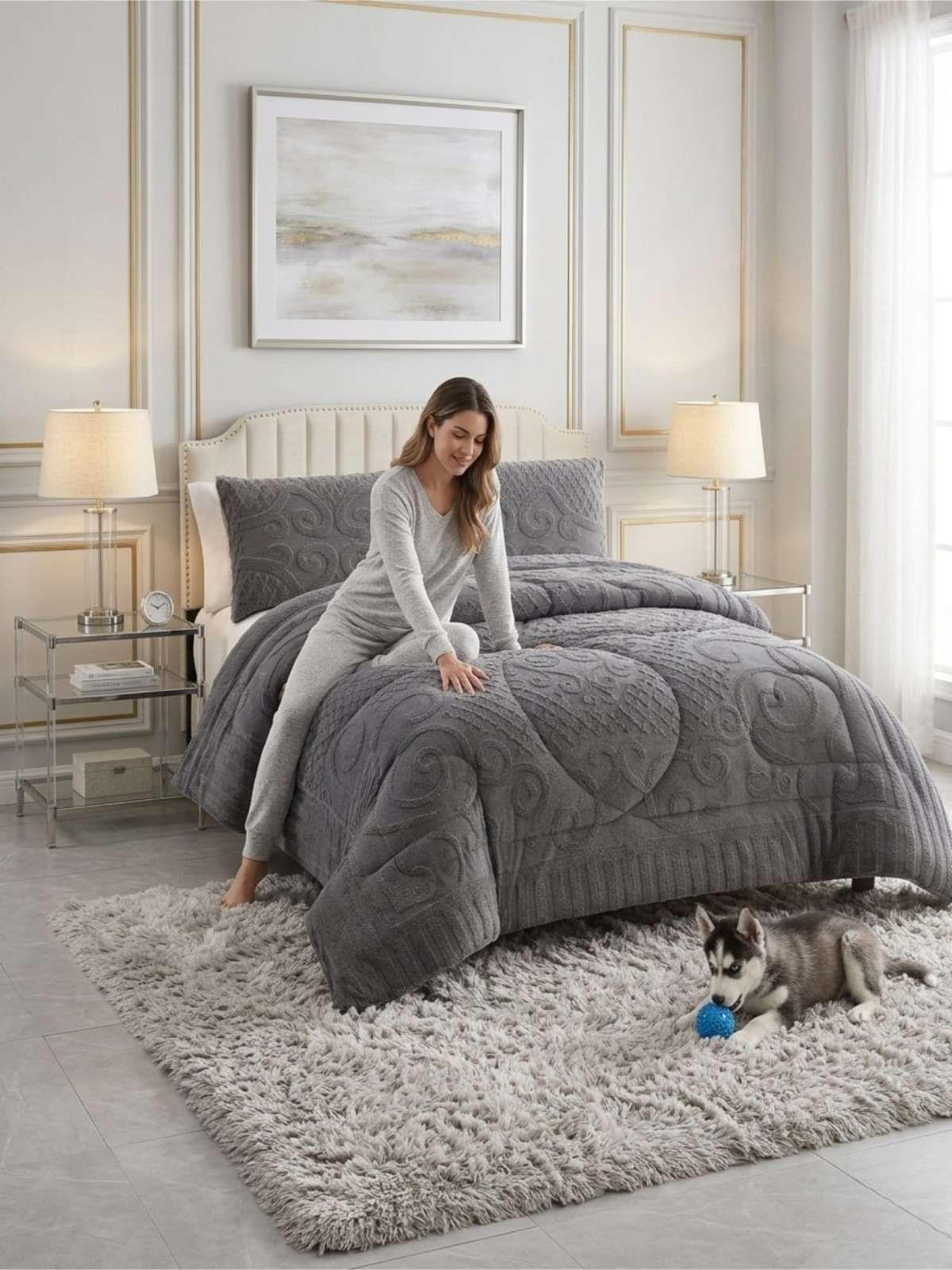 Cubrecama Plumón Jacquard Premium 2 Plazas Invierno Térmico gris-1