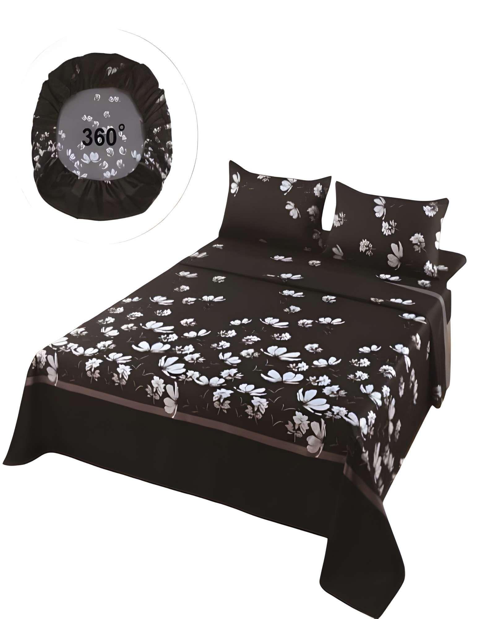 SET DE SABANAS DISEÑO FLORES 2 PLAZAS NEGRO-0