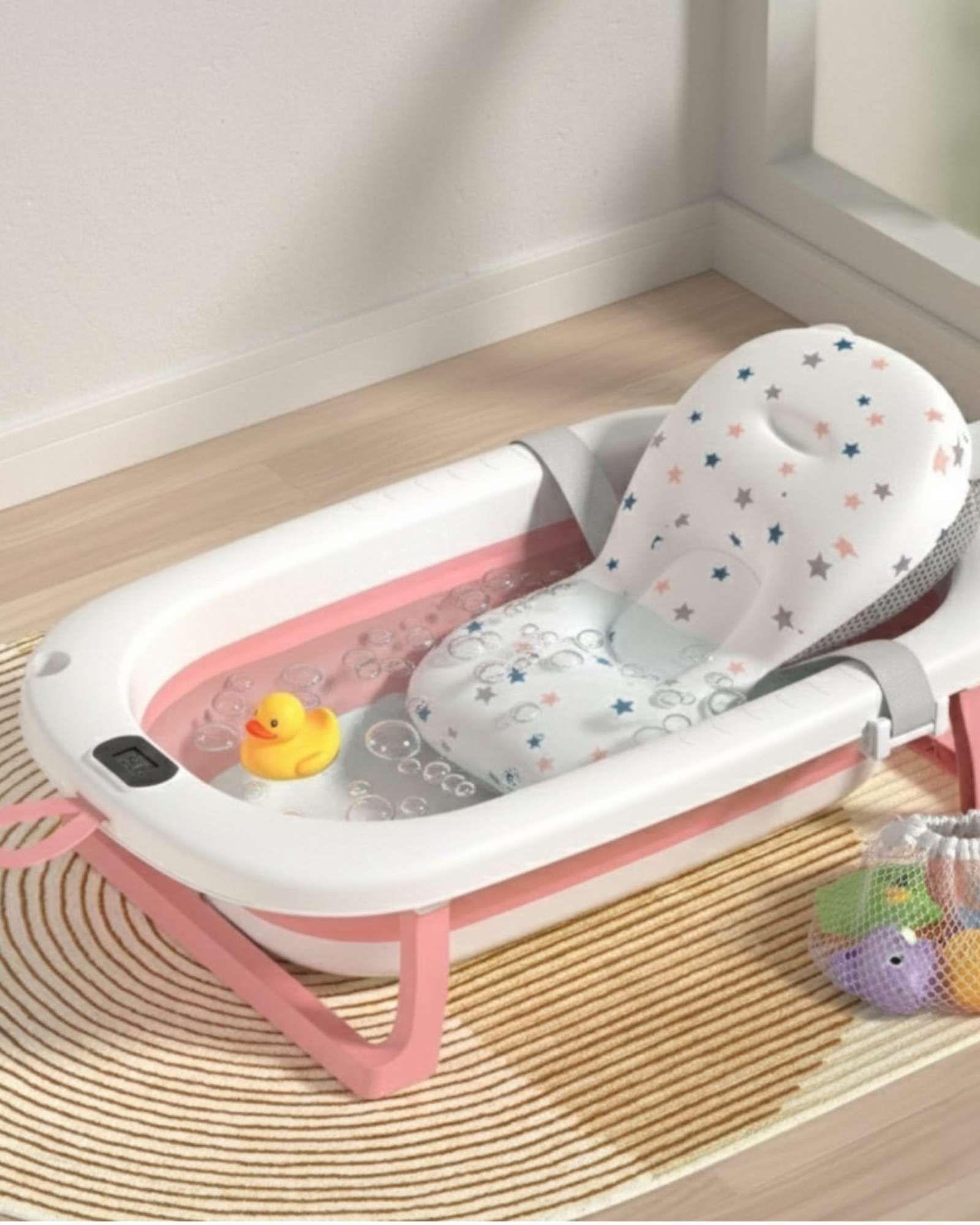 BAÑERA TINA BEBE PLEGABLE PLEGABLE CON TERMOMETRO Y COJÍN ROSA-2