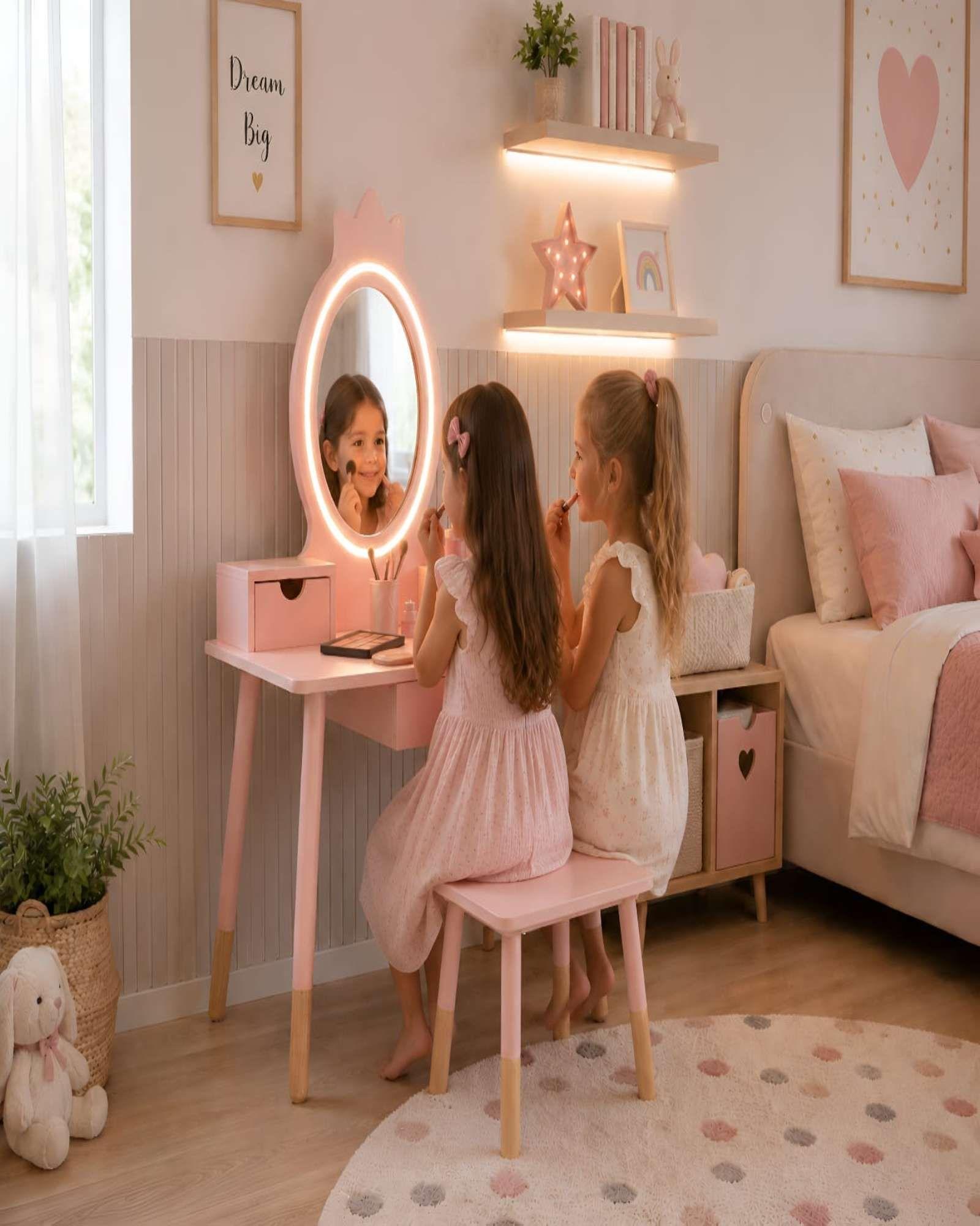 Tocador Infantil con Espejo LED, Cajones y Taburete - Rosa Nórdico-2