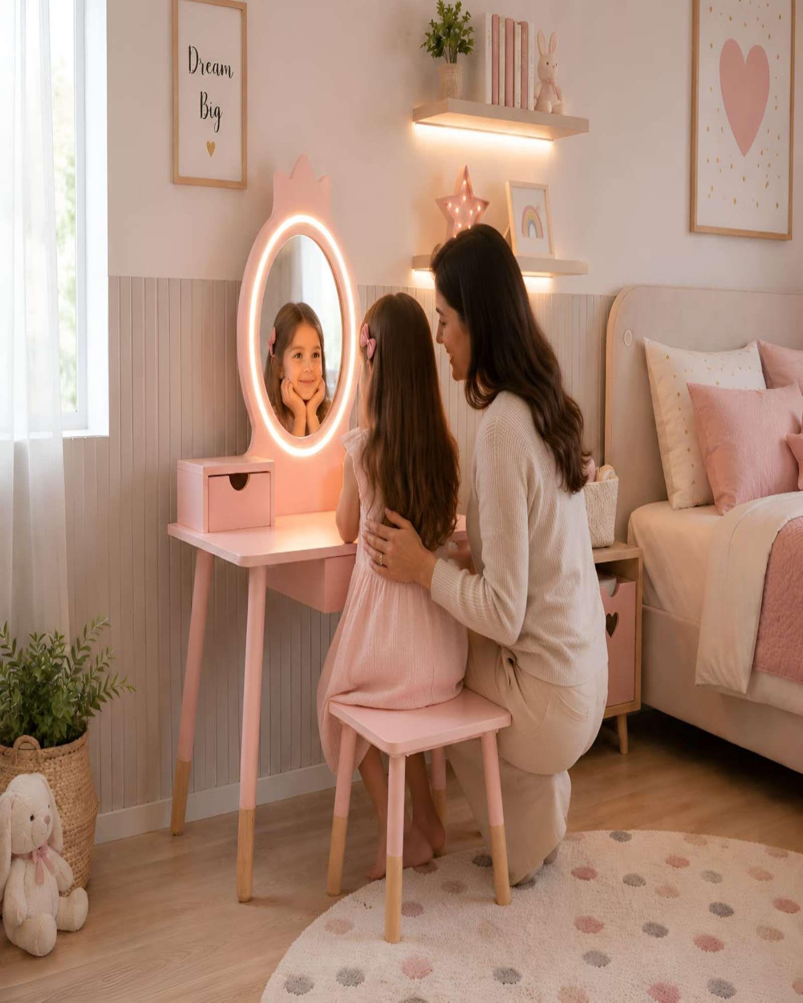 Tocador Infantil con Espejo LED, Cajones y Taburete - Rosa Nórdico-4