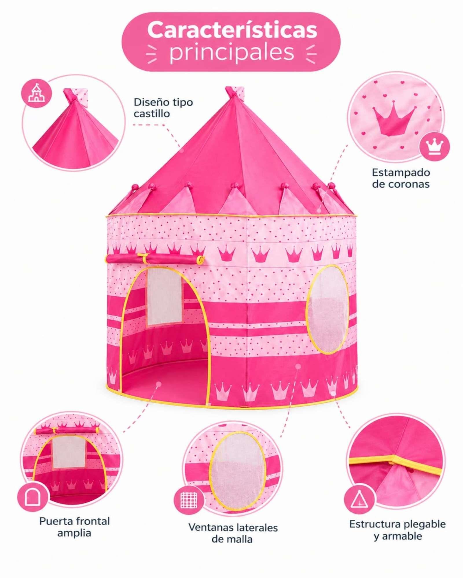 Carpa Infantil Castillo Princesa Rosada con Coronas-4