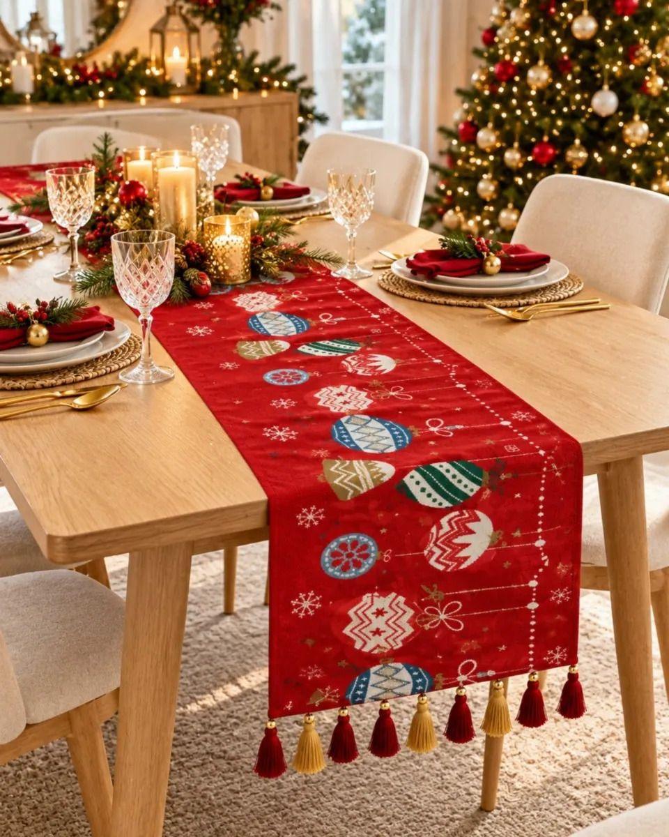 Camino De Mesa 33x180cm Estampado Navideño Con Borlas m3-0
