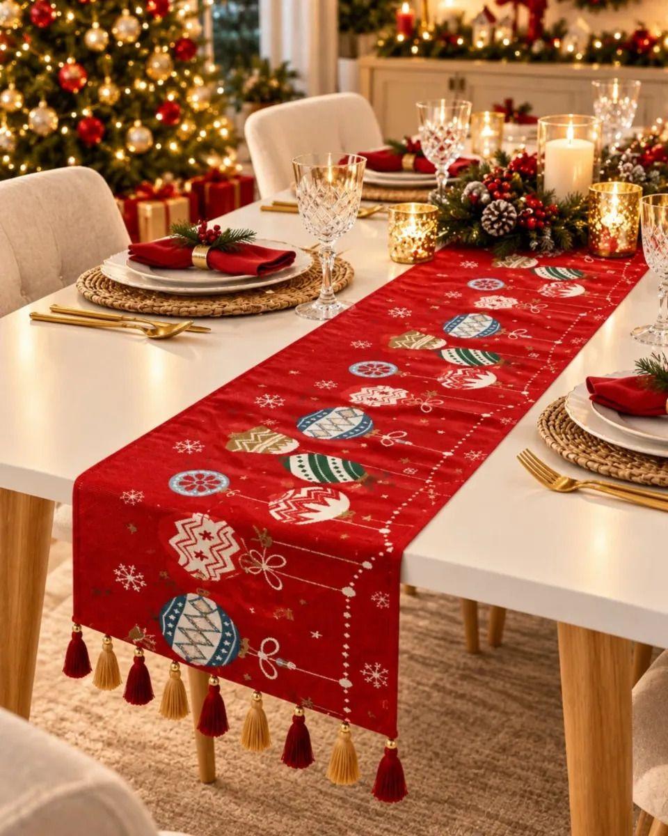 Camino De Mesa 33x180cm Estampado Navideño Con Borlas m3-2