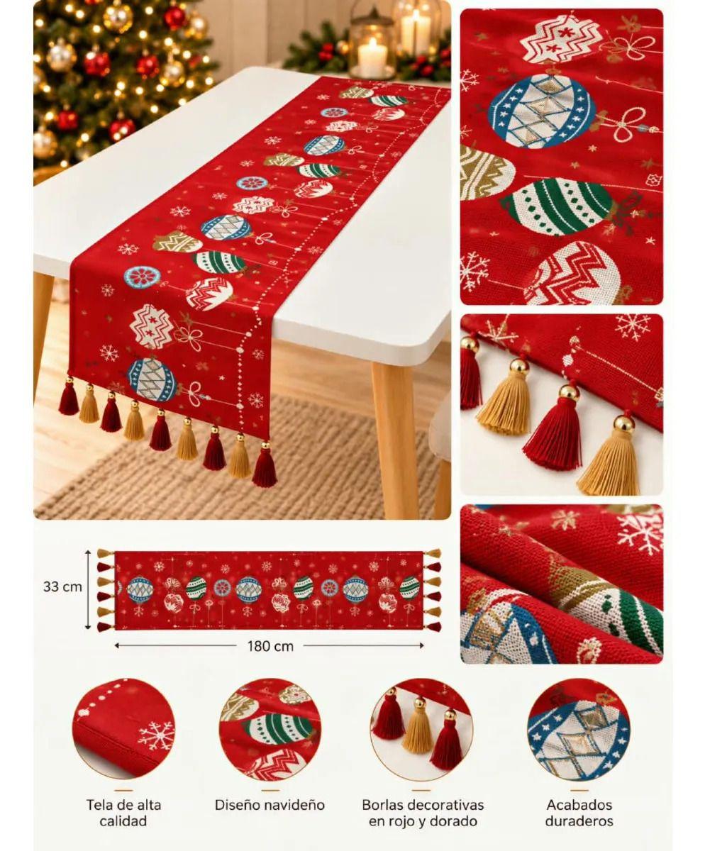 Camino De Mesa 33x180cm Estampado Navideño Con Borlas m3-6