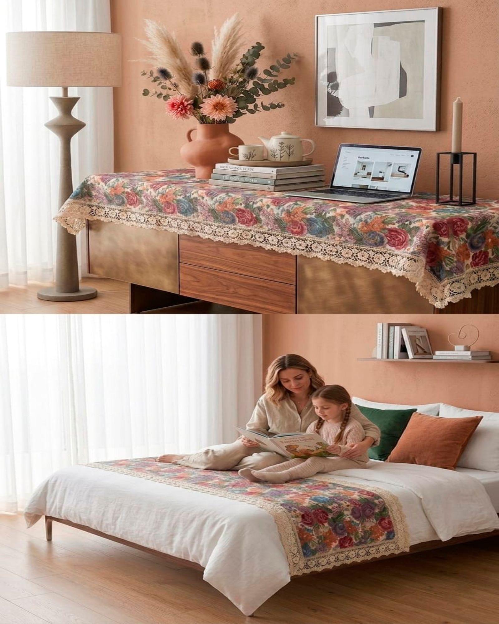 Piecera de Cama Multiuso Diseño Bohemio con Encaje 80x200cm m5-3