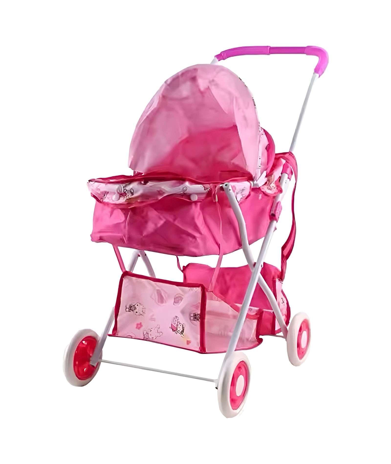 COCHE MUÑECA CUNA METALICO GRANDE DISEÑO ROSADO -0