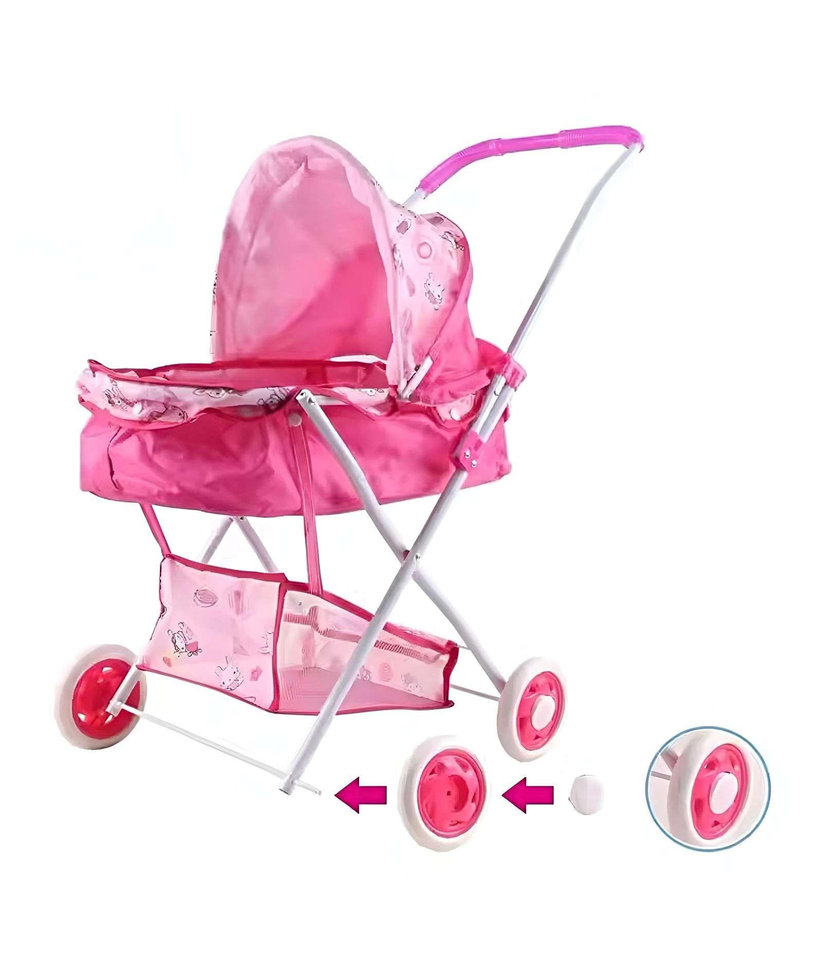 COCHE MUÑECA CUNA METALICO GRANDE DISEÑO ROSADO -1