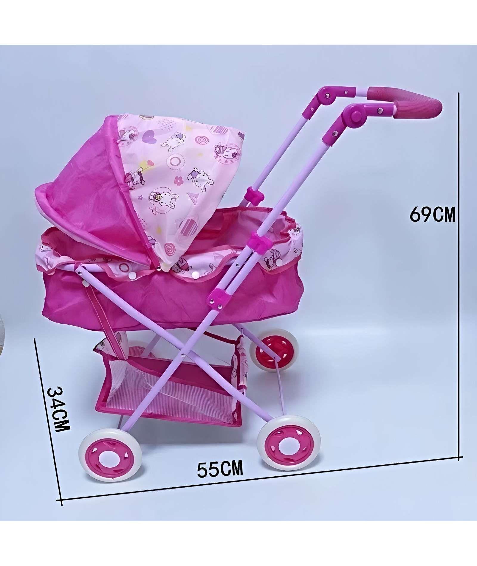 COCHE MUÑECA CUNA METALICO GRANDE DISEÑO ROSADO -2