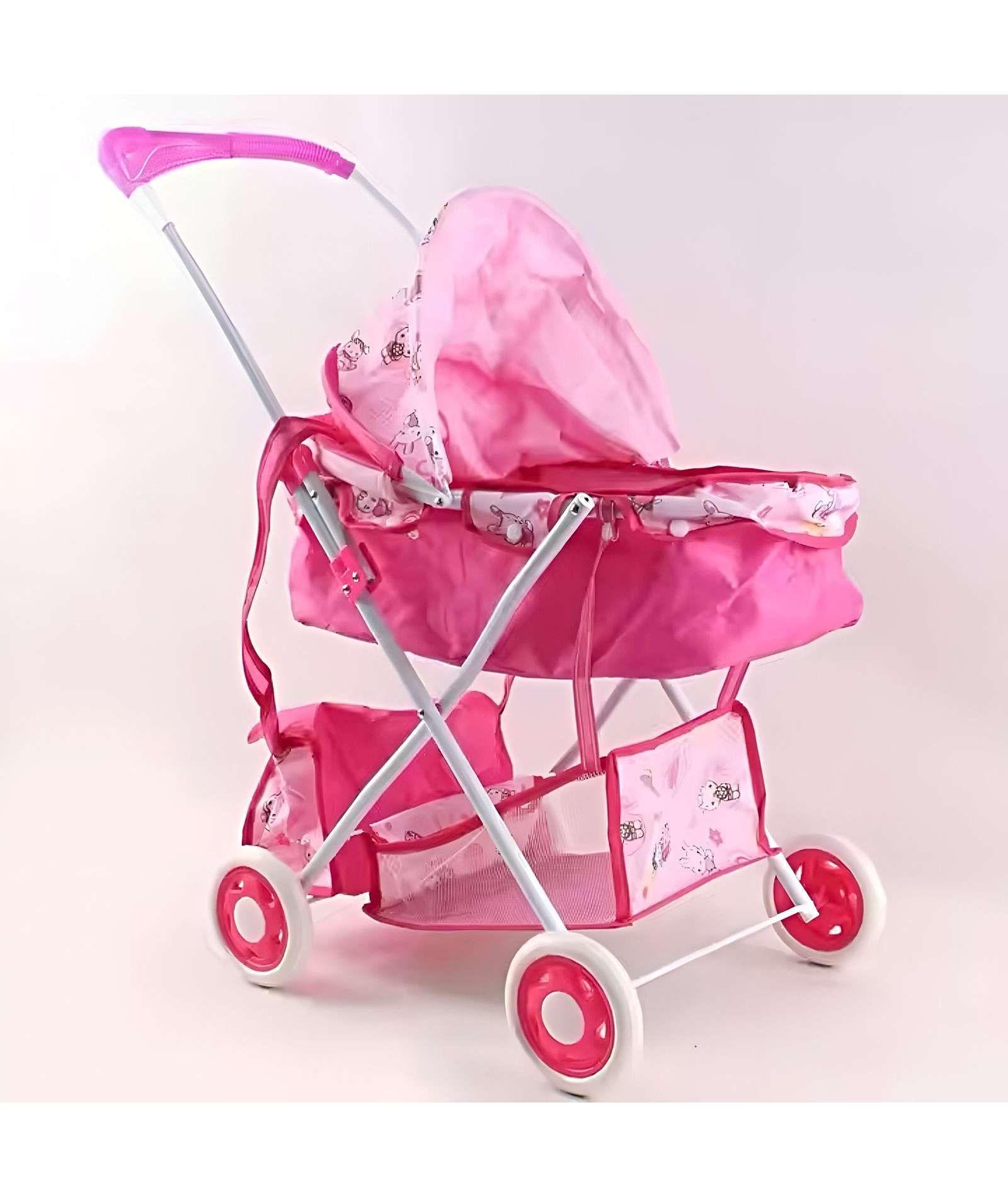 COCHE MUÑECA CUNA METALICO GRANDE DISEÑO ROSADO -3