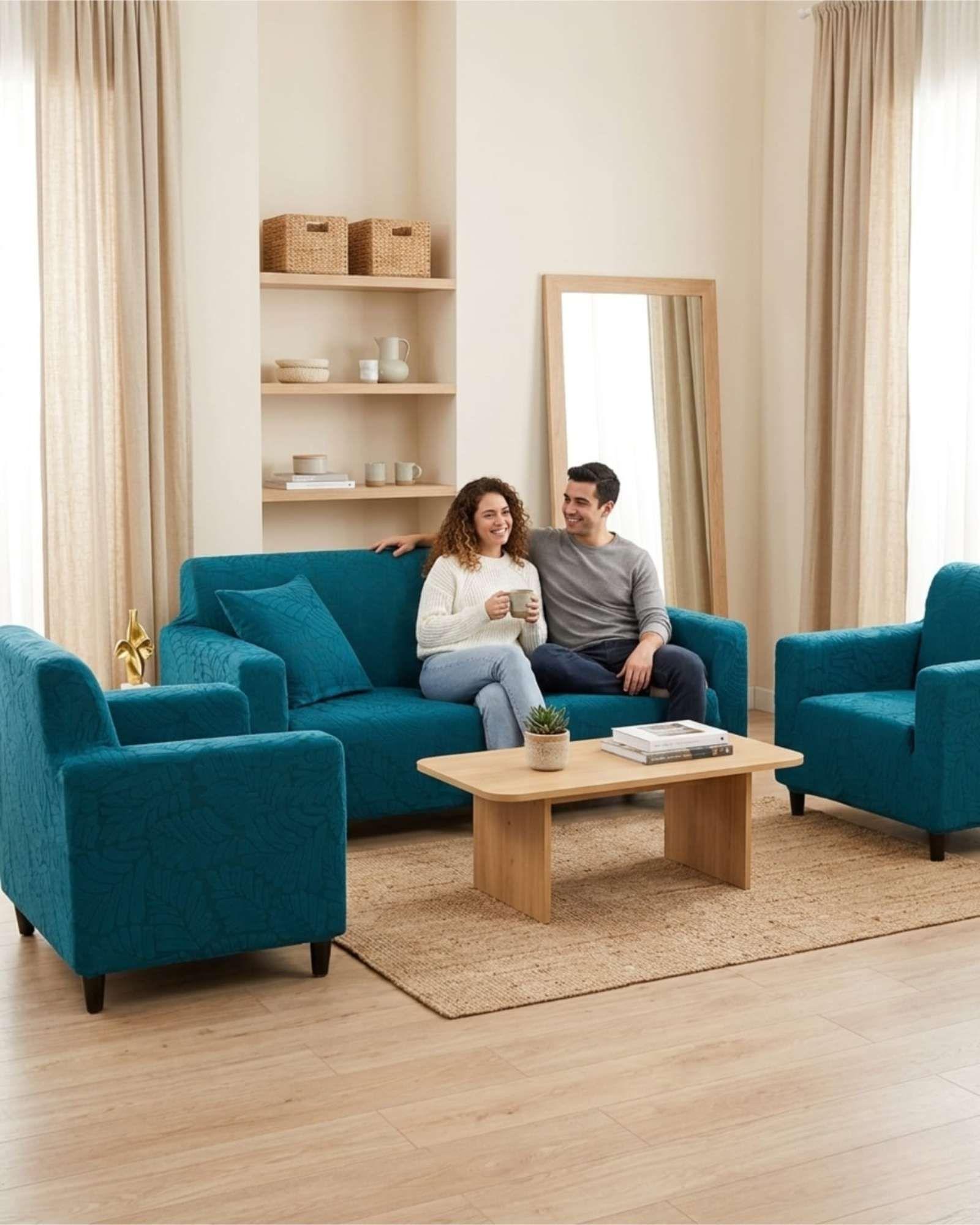 Juego de Fundas para Sillones 3+1+1 Diseño Hojas Elásticas y Lavables A3-2