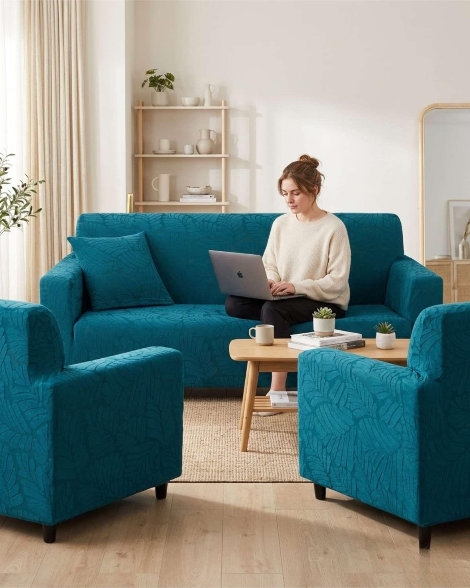 Juego de Fundas para Sillones 3+1+1 Diseño Hojas Elásticas y Lavables A3-3