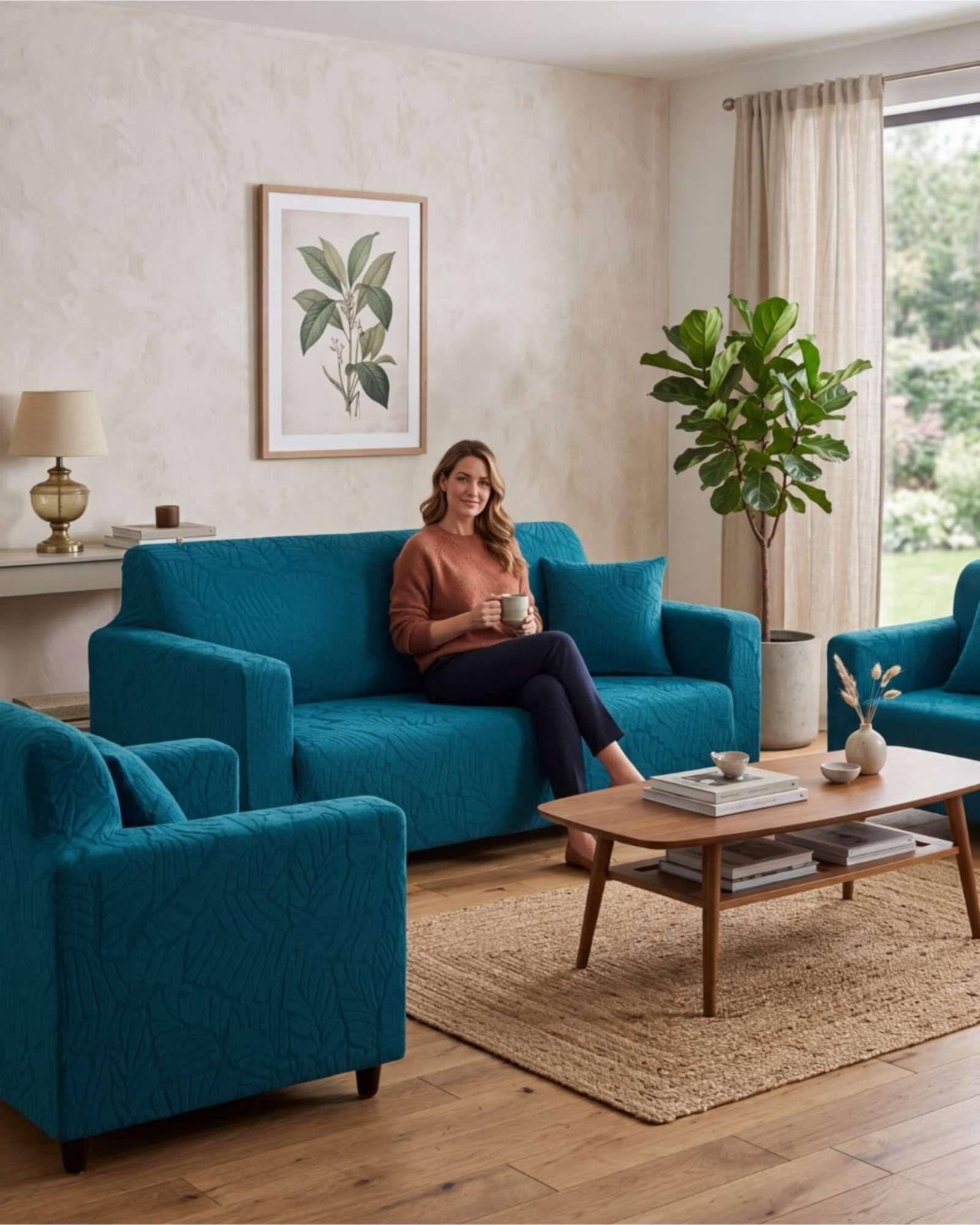 Juego de Fundas para Sillones 3+1+1 Diseño Hojas Elásticas y Lavables A3-4