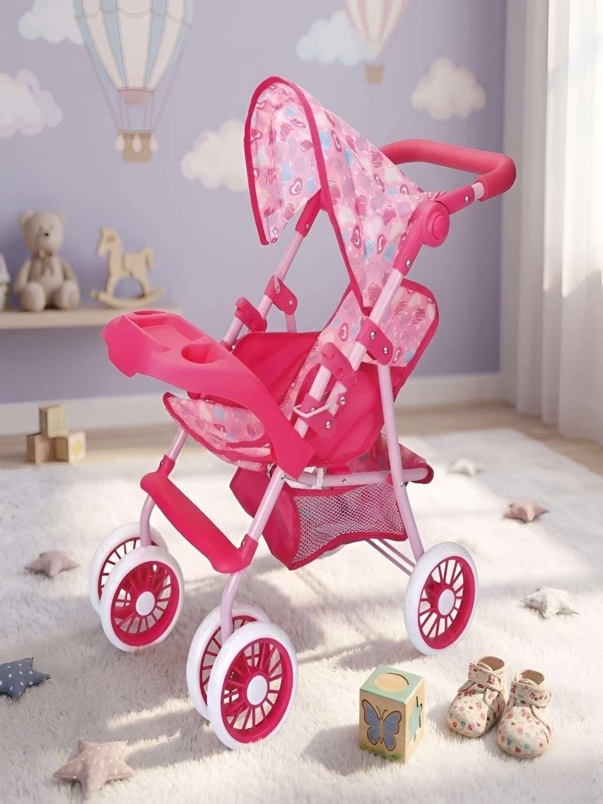 Coche de Juguete para Muñecas con Toldo y Bandeja Frontal - Rosado Corazones 4-3