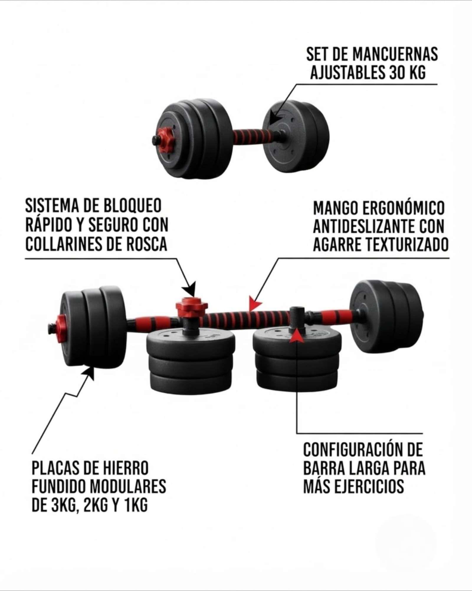 Set De Mancuernas 30kg Convertibles A Barra Larga-4