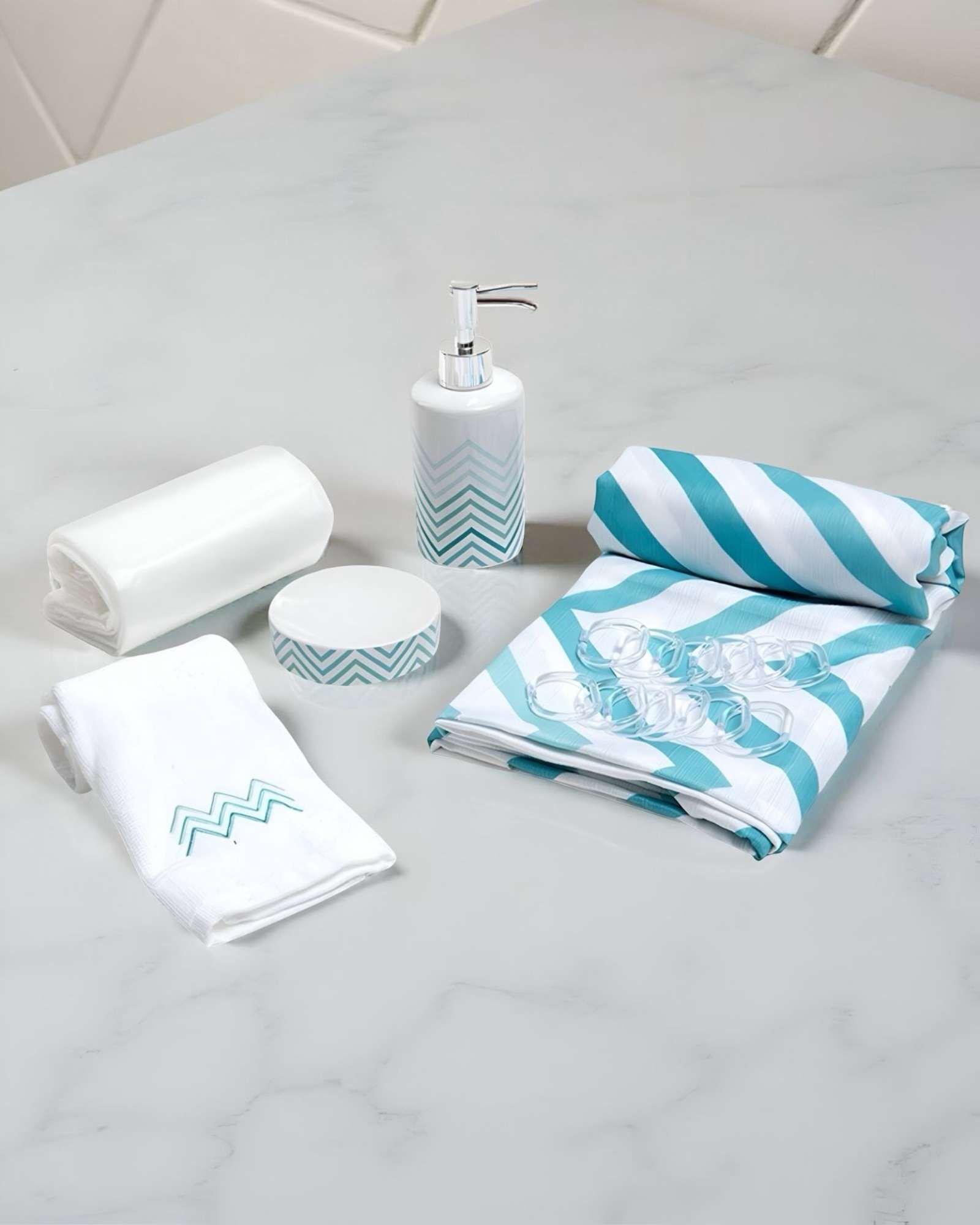 Juego Set de Baño en Caja 6 Piezas Cortina, Toalla y Jaboneras Mashini A07-3